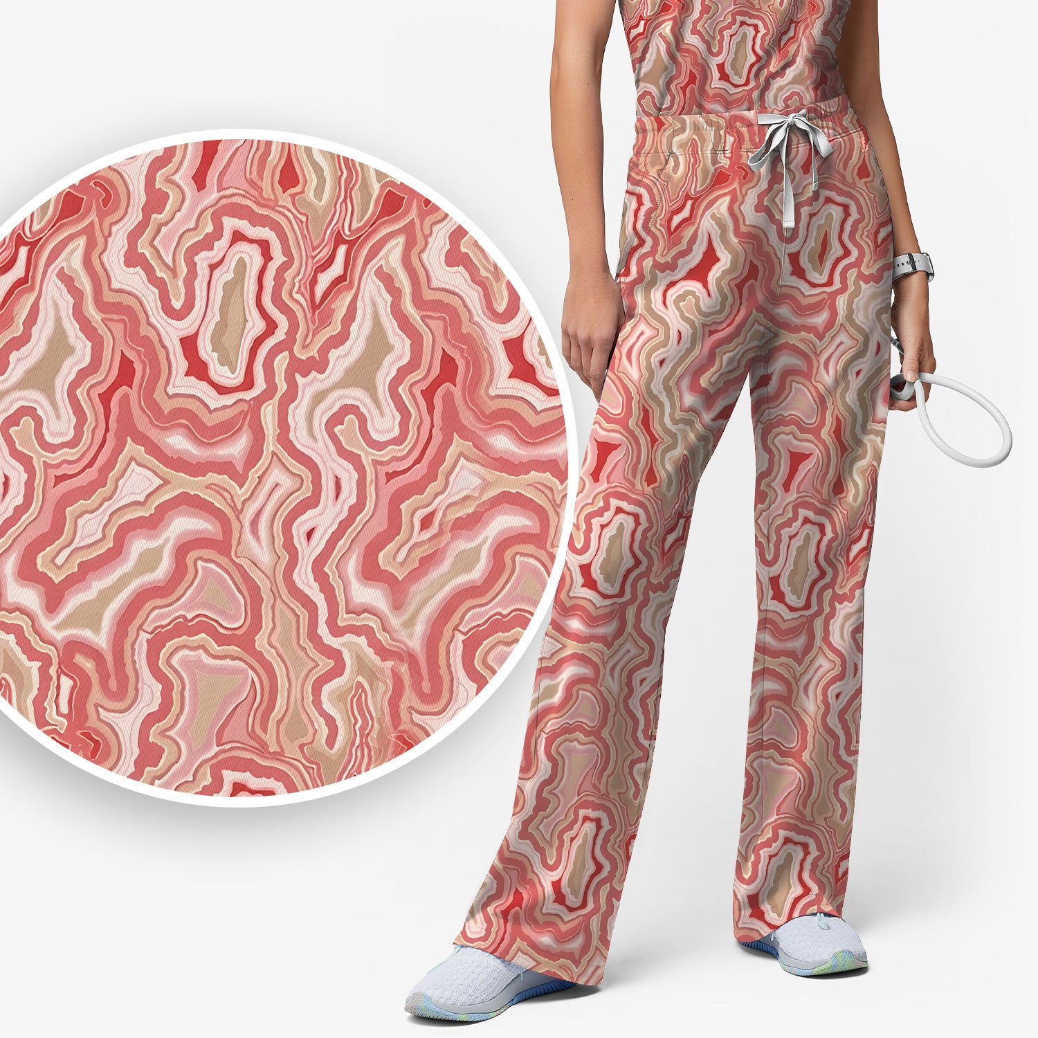 Pink Marble Swirl Abstract Pattern Scrub Set, Scrub Pants and V Neck Top