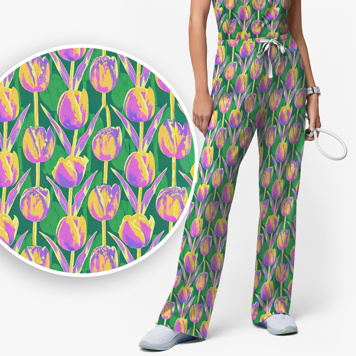 Colorful Tulip Floral Pattern Scrub Set, Scrub Pants and V Neck Top