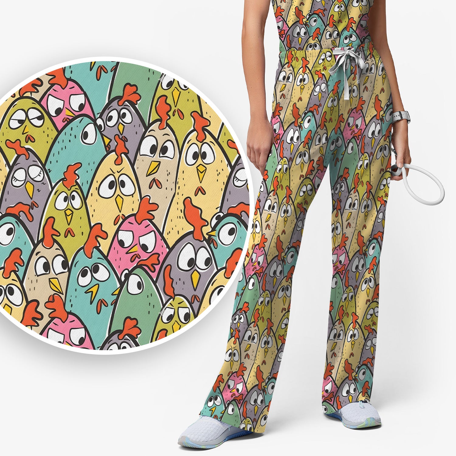 Funny Cartoon Chicken Crowd Pattern Scrub Set, Scrub Pants and V Neck Top