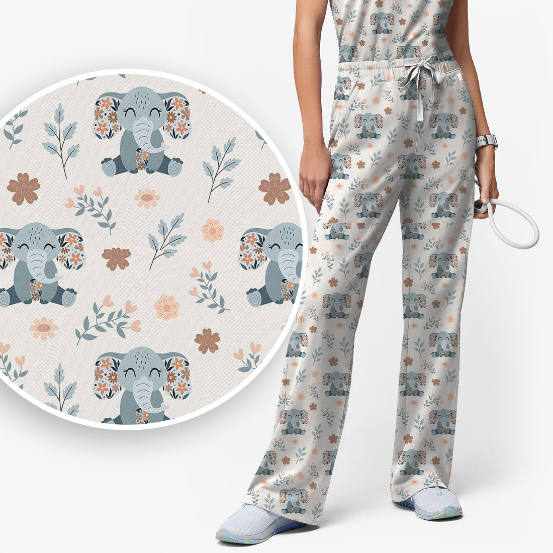 Cute Elephant Floral Print Scrub Set, Scrub Pants and V Neck Top