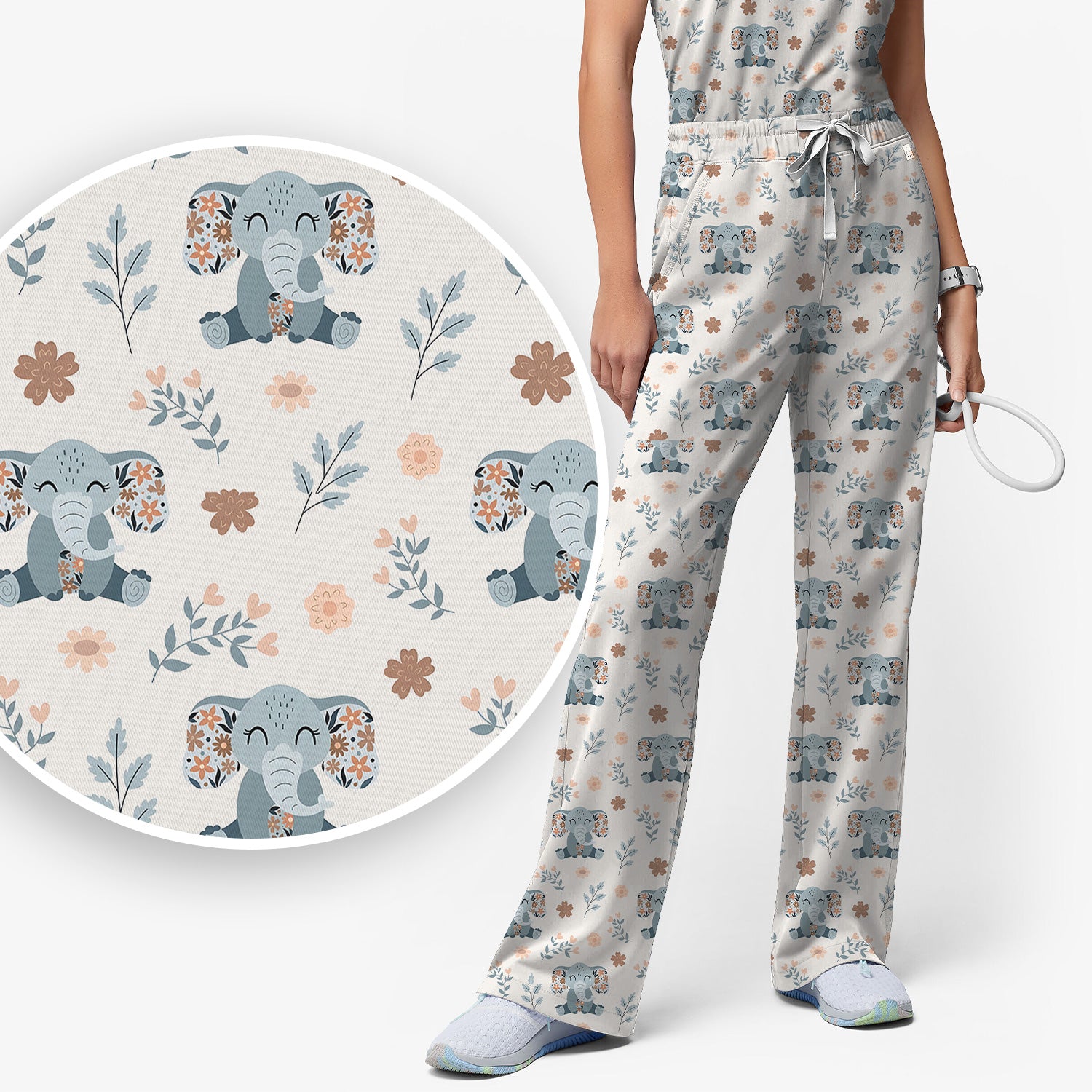 Cute Elephant Floral Print Scrub Set, Scrub Pants and V Neck Top