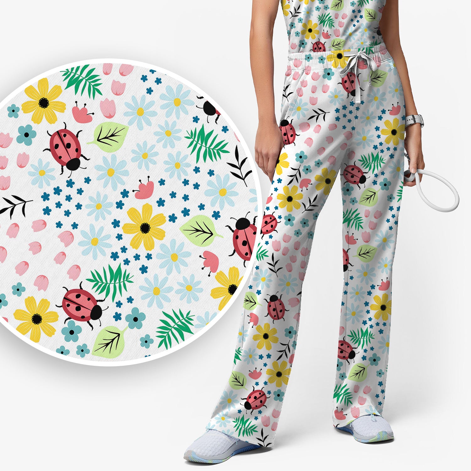 Cute Ladybug Floral Garden Print Scrub Set, Scrub Pants and V Neck Top