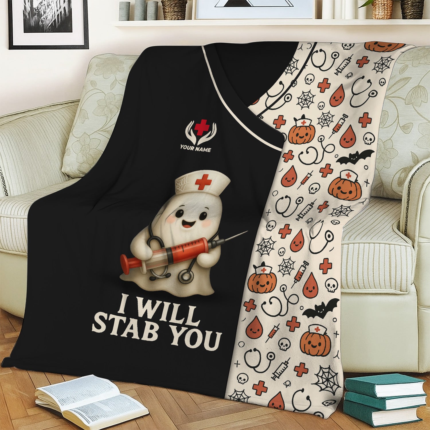 Custom Halloween Nurse Blanket for RN LPN CNA - Funny Ghost Syringe Design with I Will Stab You Quote - Gift for Healthcare Workers & Nursing Teams