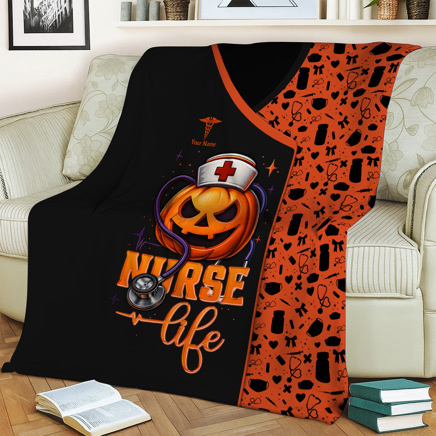 Custom Nurse Halloween Blanket - Personalized Halloween Throw for RN, CNA, LPN - Cozy Gift for Medical Staff, Healthcare Workers