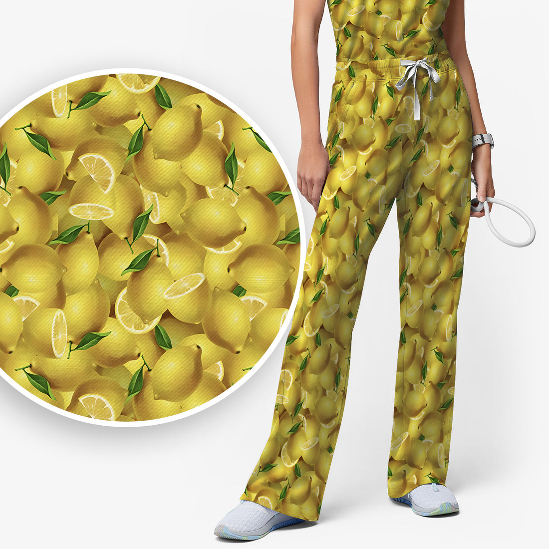 Fresh Lemon Fruit Pattern Scrub Sets, Scrub Pants and V Neck Top