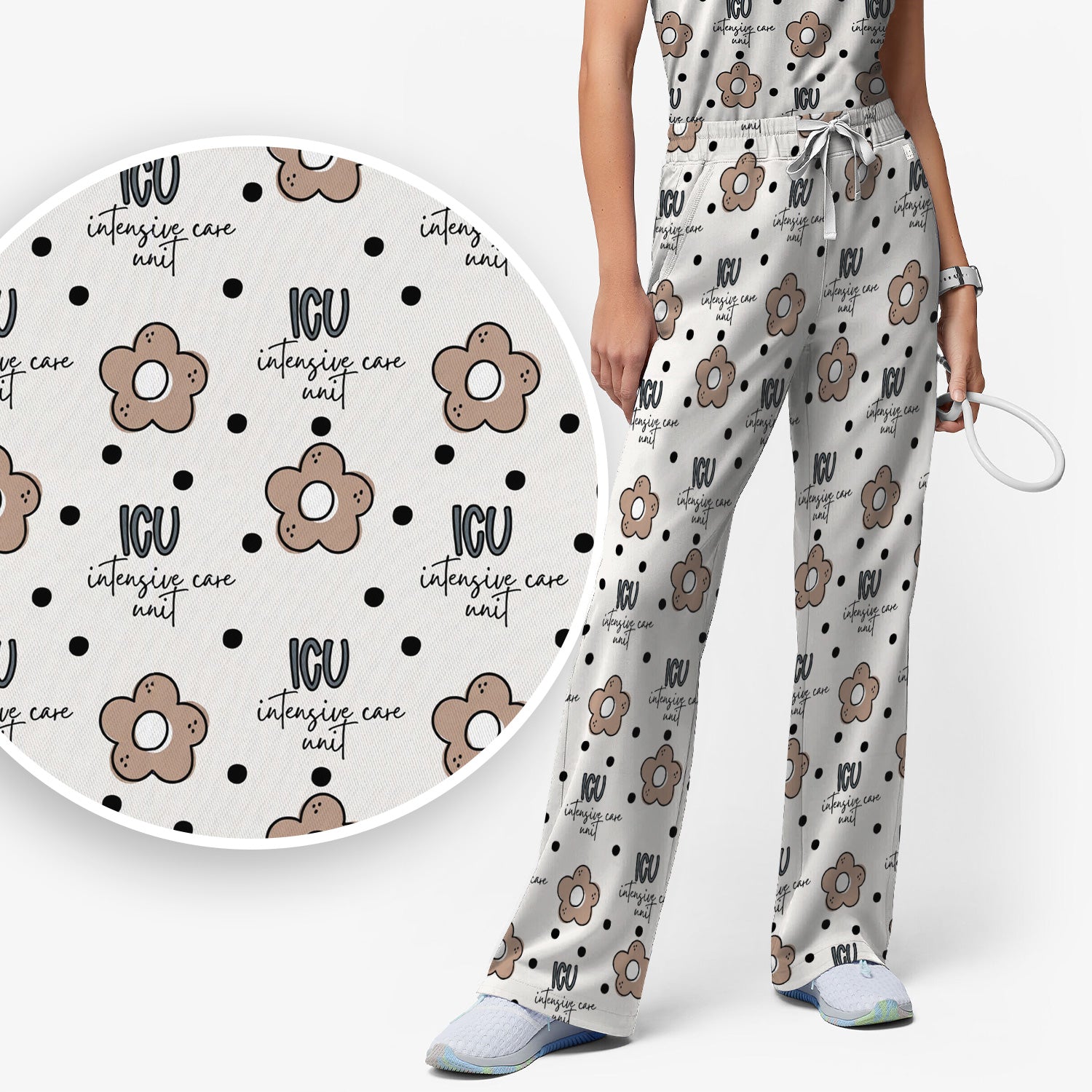 Cute ICU Nurse Flower Polka Dot Pattern Scrub Set, Scrub Pants and V Neck Top