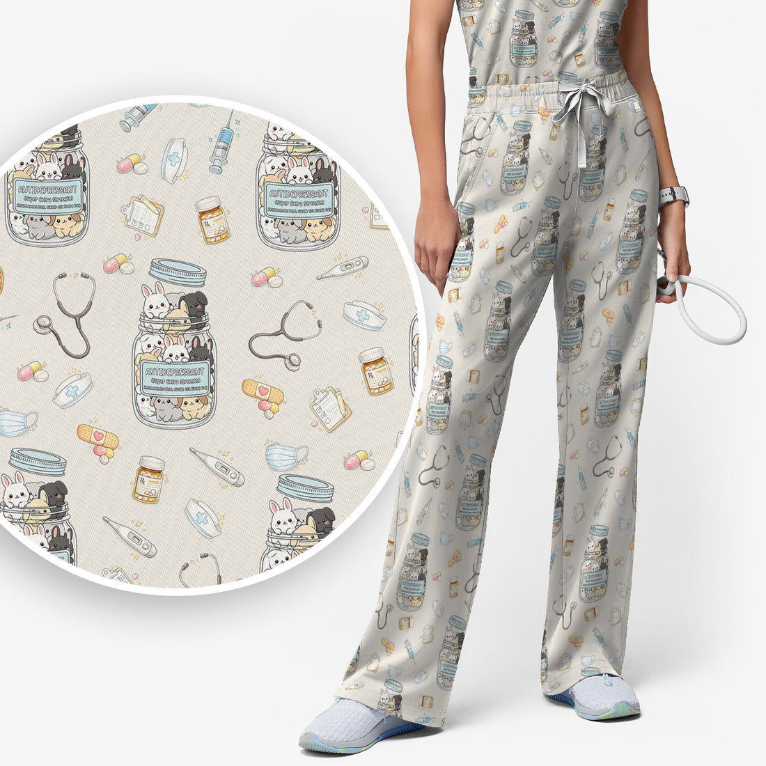 Whimsical Antidepressant Rabbit Jar Design Scrub Set, Scrub Pants and V-Neck Top