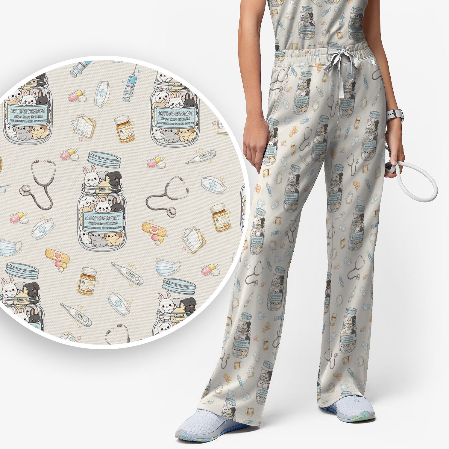 Whimsical Antidepressant Rabbit Jar Design Scrub Set, Scrub Pants and V-Neck Top