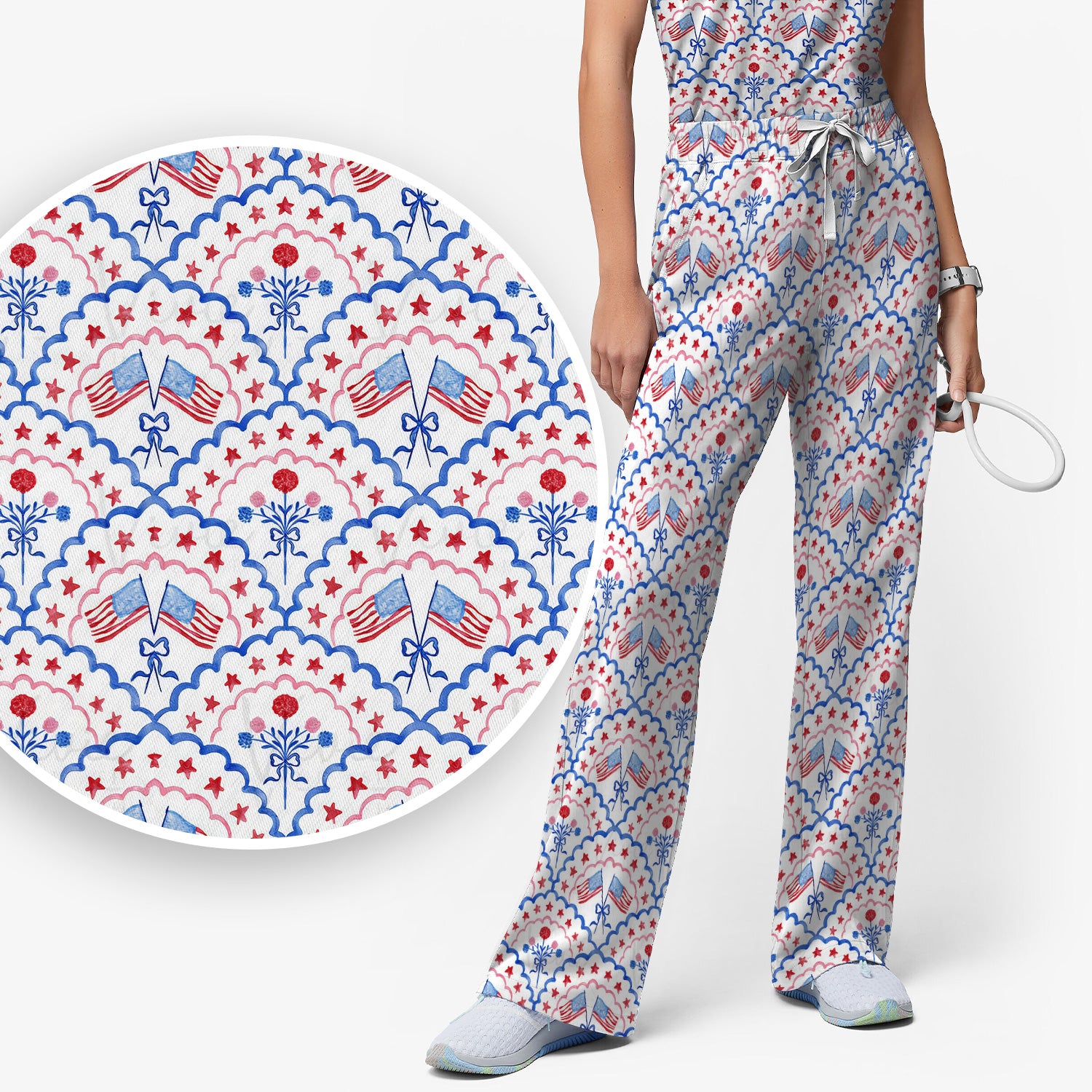 Patriotic Scallop Star Flag Floral Pattern Scrub Set, Scrub Pants and V Neck Top