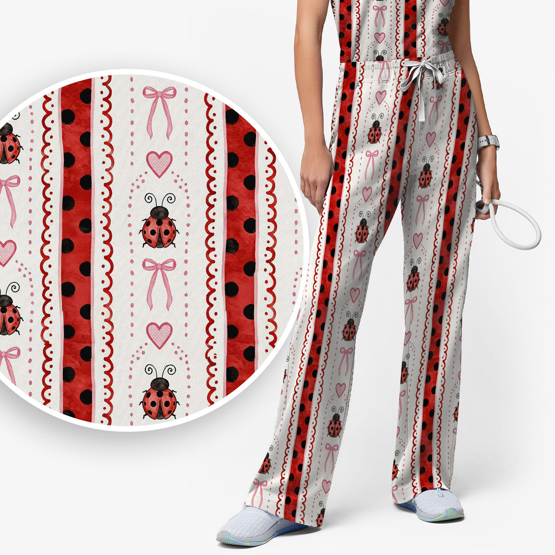 Cute Ladybug Heart Bow Stripe Pattern Scrub Set, Red Polka Dot Scrub Pants and V Neck Top