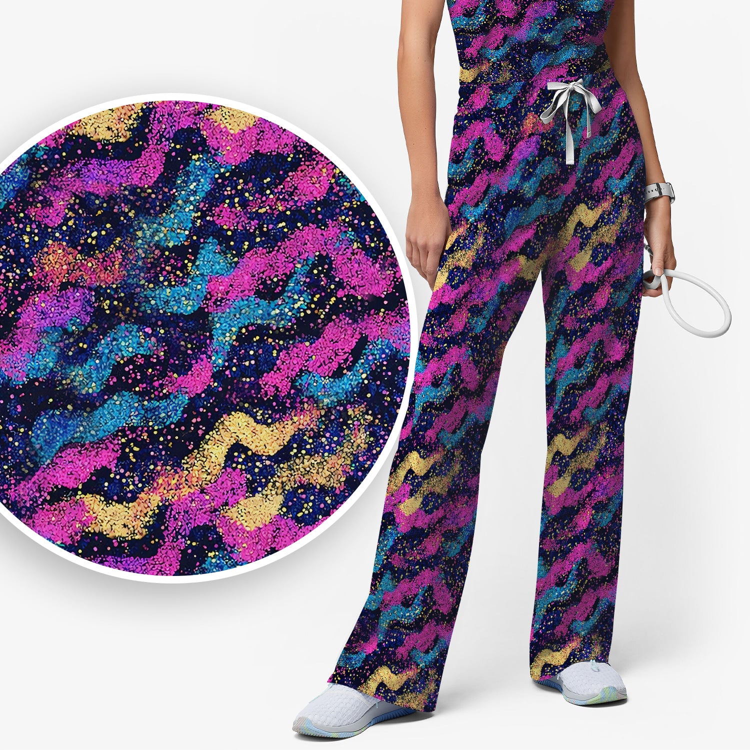 Neon Glitter Galaxy Wavy Pattern Scrub Set, Scrub Pants and V Neck Top