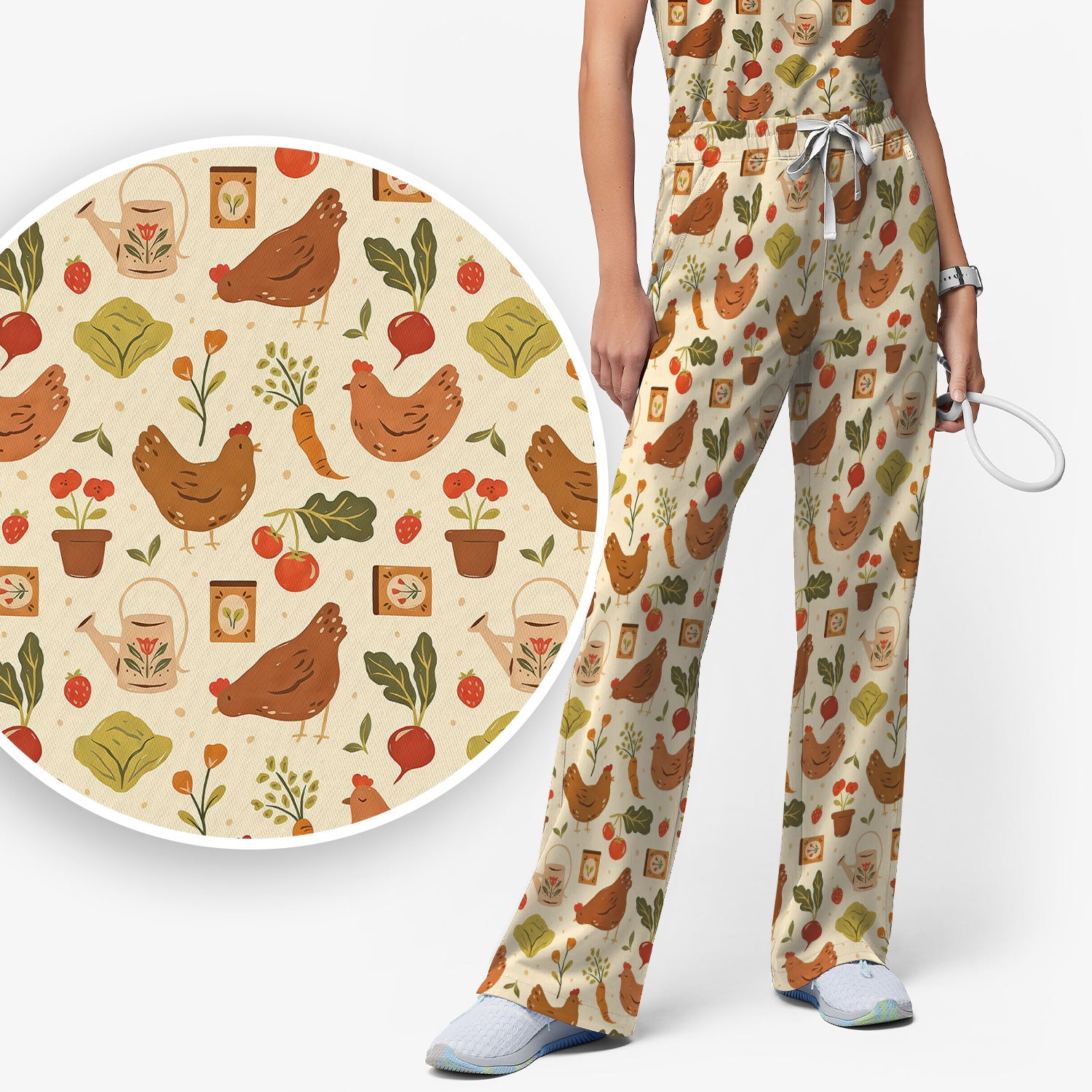 Rustic Farm Chicken Garden Vegetable Pattern Scrub Set, Scrub Pants and V Neck Top