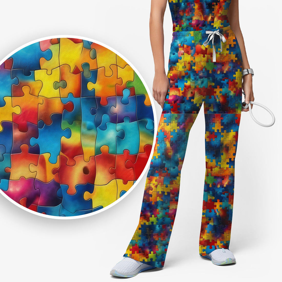 Bright Rainbow Puzzle Piece Art Scrub Set, Scrub Pants and V Neck Top