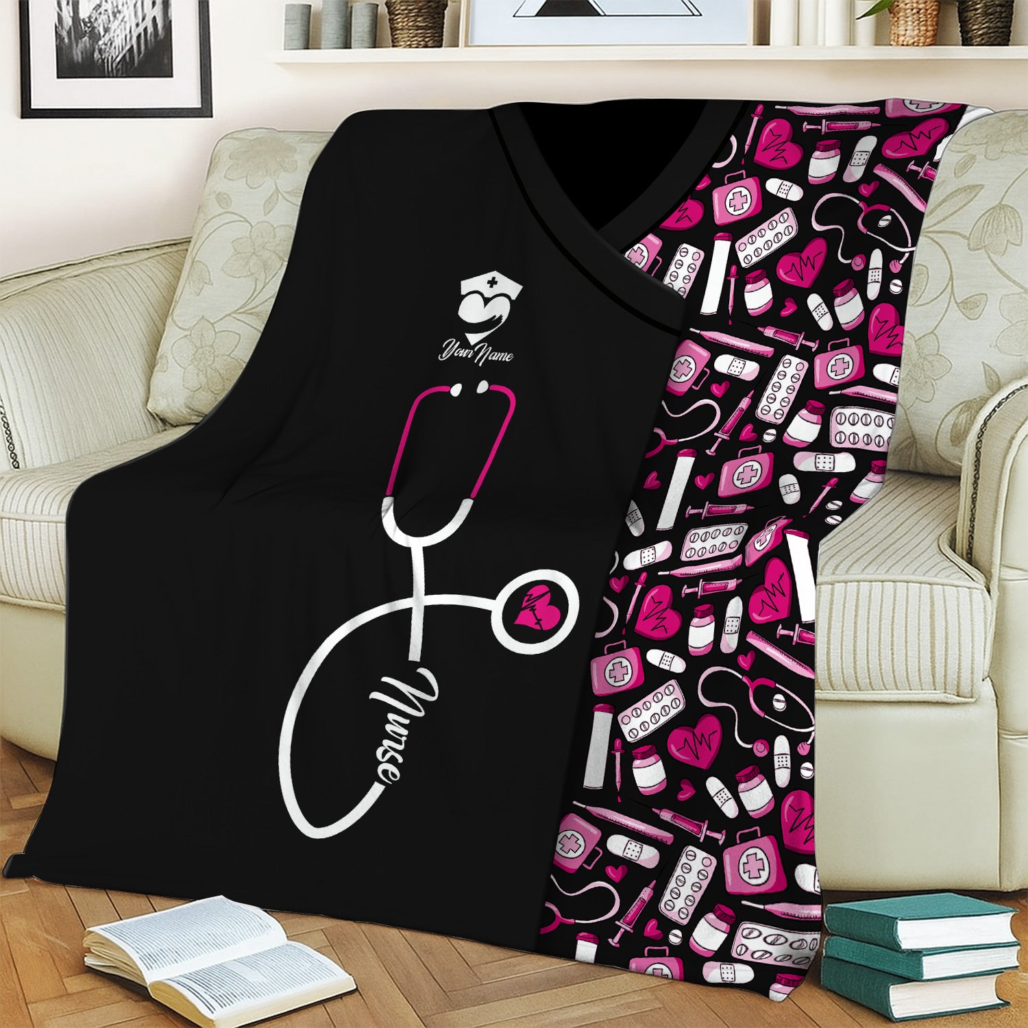 Custom Nurse Blanket - Stethoscope & Medical Design with Heartbeat - Personalized Gift for RN CNA LPN Healthcare Professionals