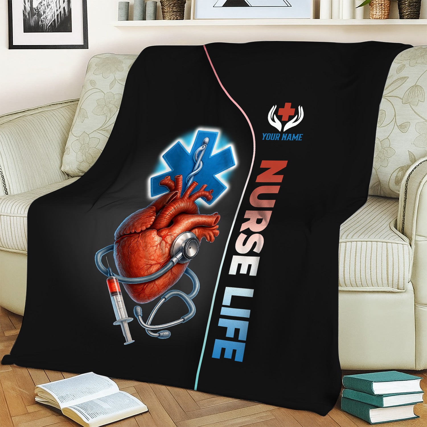 Personalized Anatomical Heart Nurse Blanket - Custom Name Nurse Life with Stethoscope Medical Design - Gift for RN LPN CNA