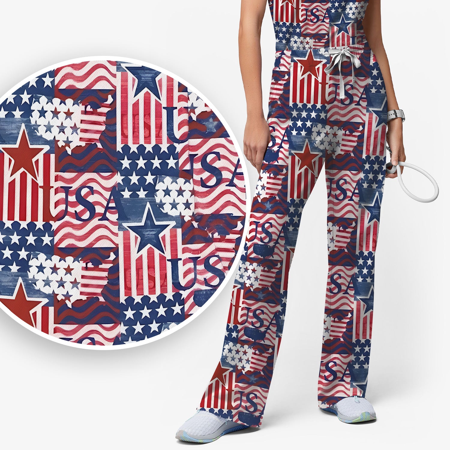 Patriotic USA Star Patchwork Pattern Scrub Set, Scrub Pants and V Neck Top