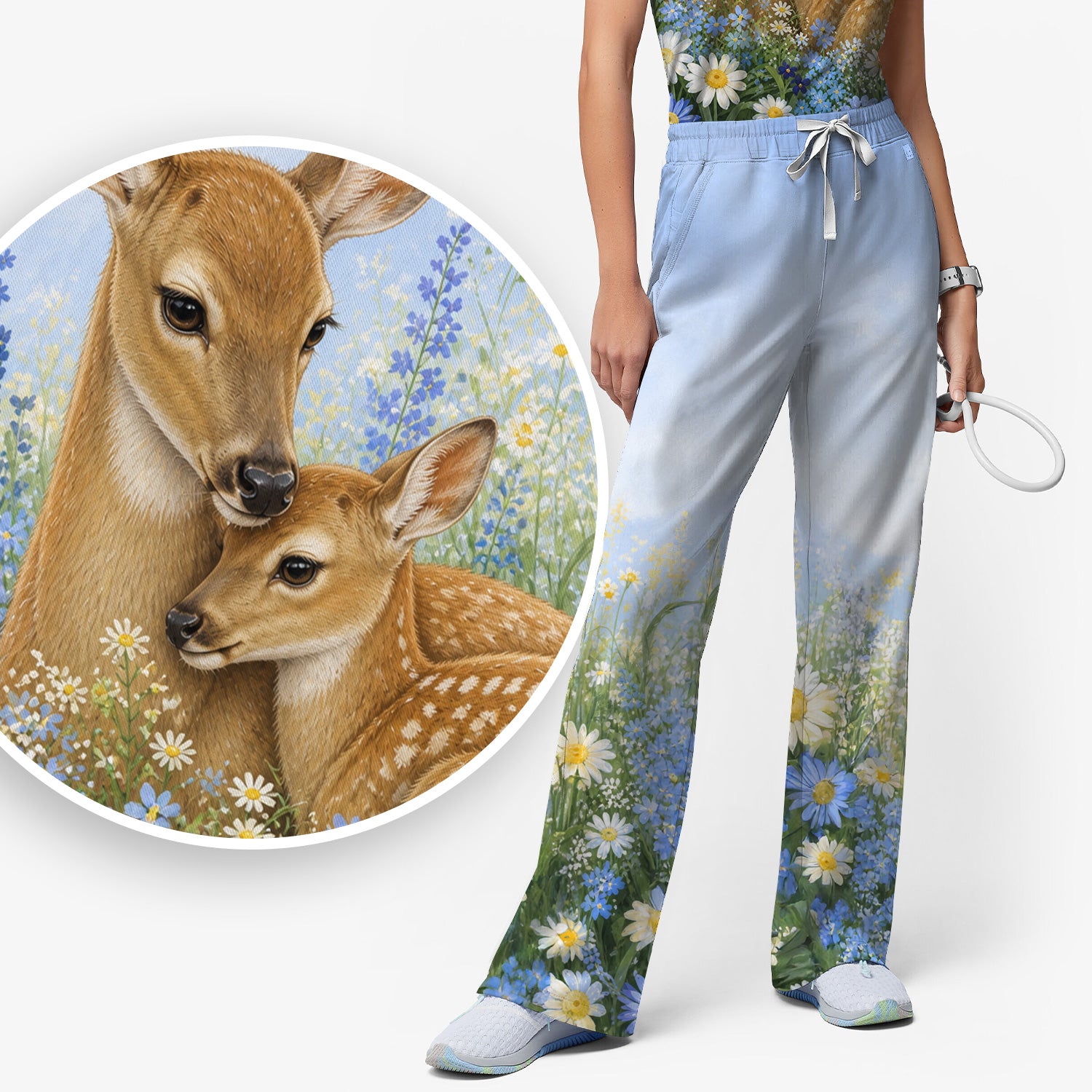 Cute Deer Mother Baby With Meadow Pattern Scrub Set, Scrub Pants and V Neck Top