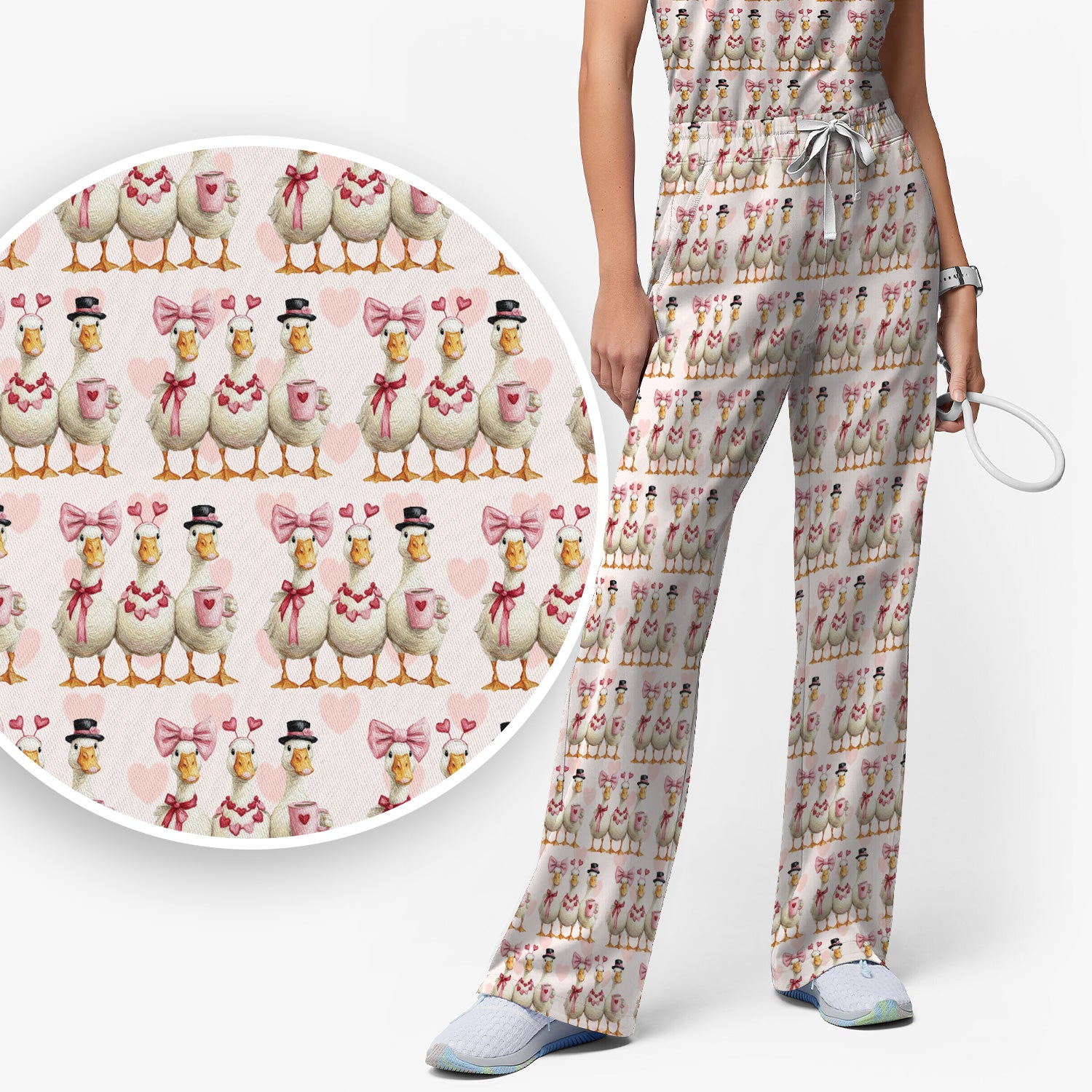 Charming Valentine Goose Heart Pink Design Scrub Set, Scrub Pants and V Neck Top