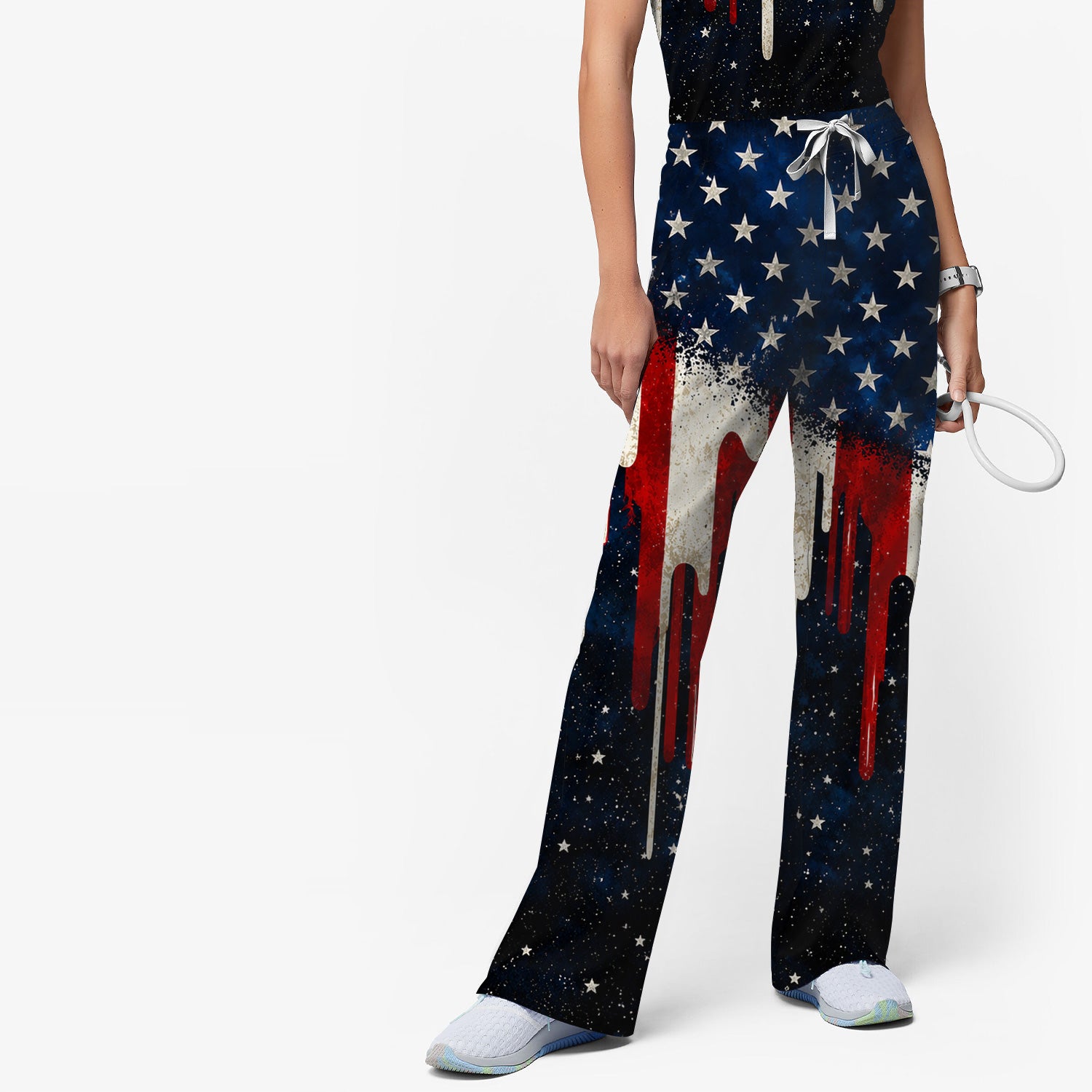 Festive Patriotic Dripping Flag Pattern Scrub Set, Scrub Pants and V Neck Top