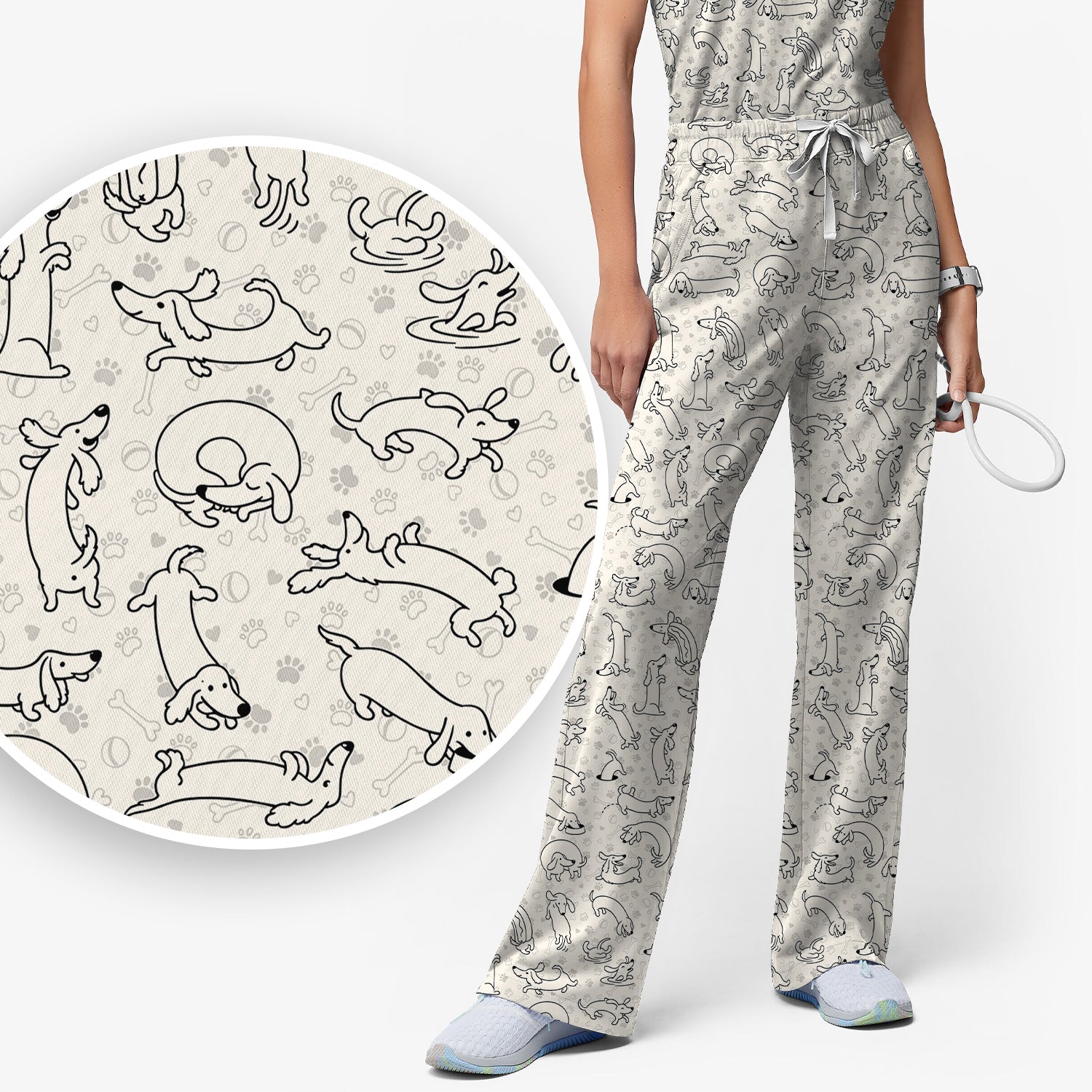 Playful Dachshund Dog Line Art Print Scrub Set, Scrub Pants and V Neck Top
