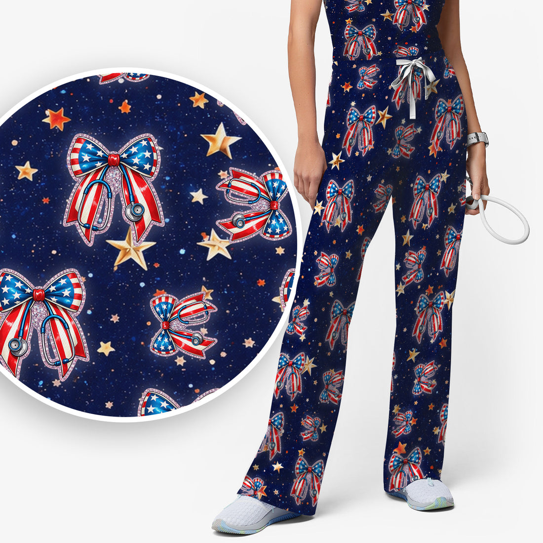 Patriotic Bow Star Print Women's Scrub Set, Breathable Med Uniform