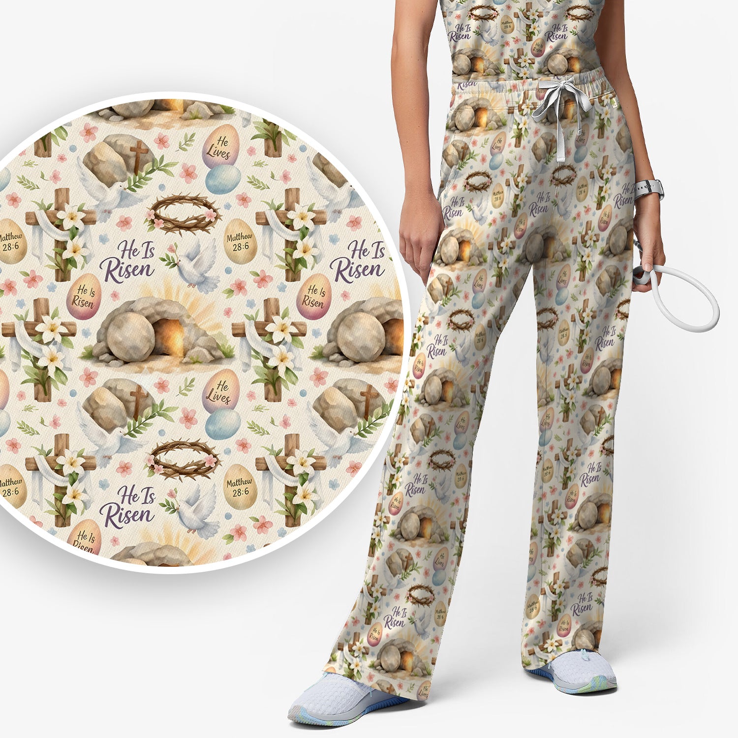 He Is Risen Cross Tomb Lily Pattern Scrub Set, Scrub Pants and V Neck Top