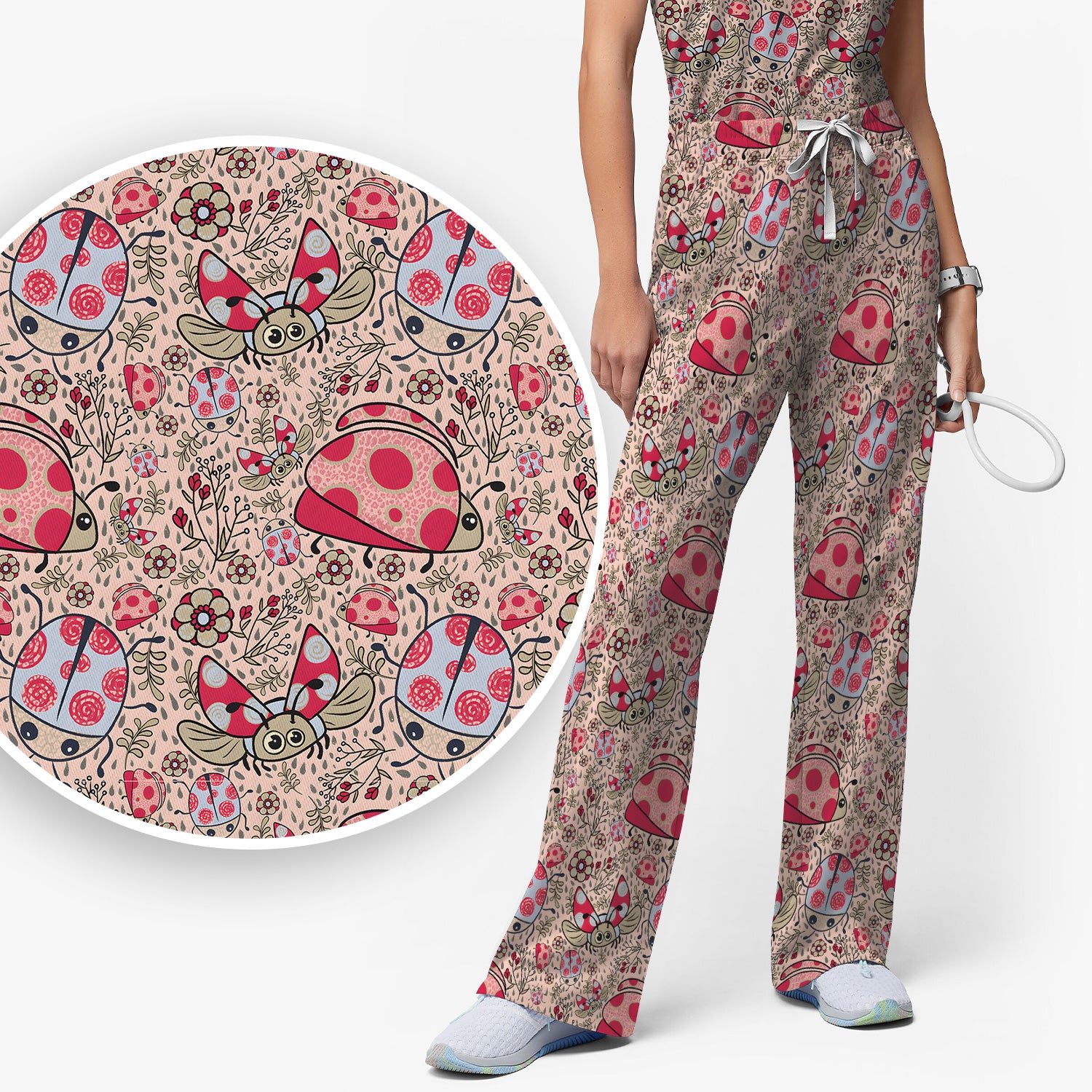 Cute Ladybug Rain Garden Pattern Scrub Set, Scrub Pants and V Neck Top