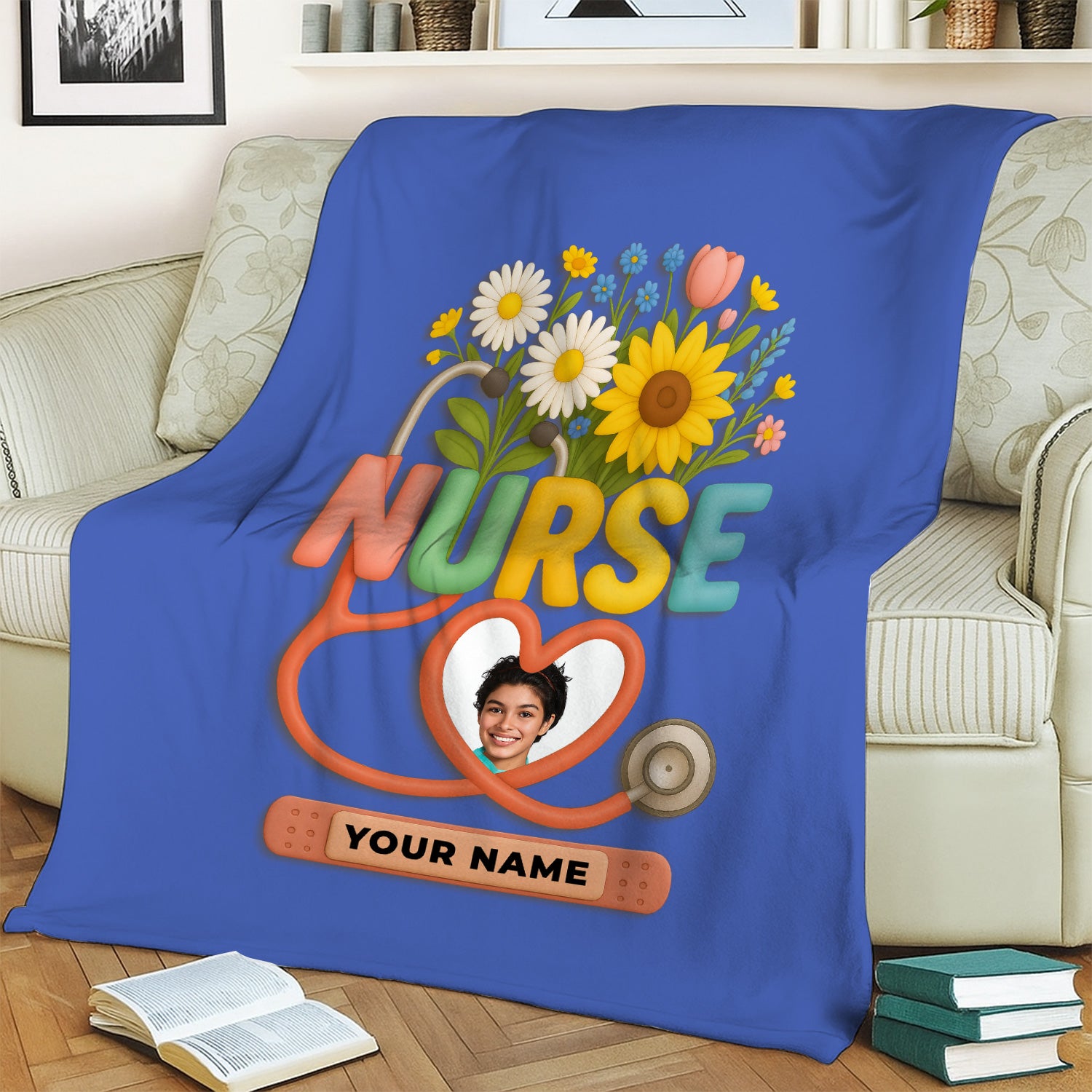 Personalized Nurse Floral Graduation Blanket - Custom Photo & Name with Stethoscope for RN LPN CNA Gift - Multiple Color Options Available Keepsake