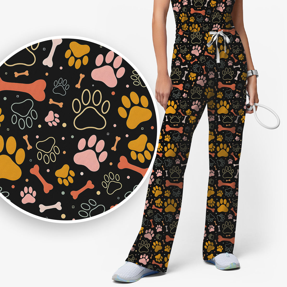 Cute Paw Print Dog Pattern Scrub Set, Breathable Med Uniform