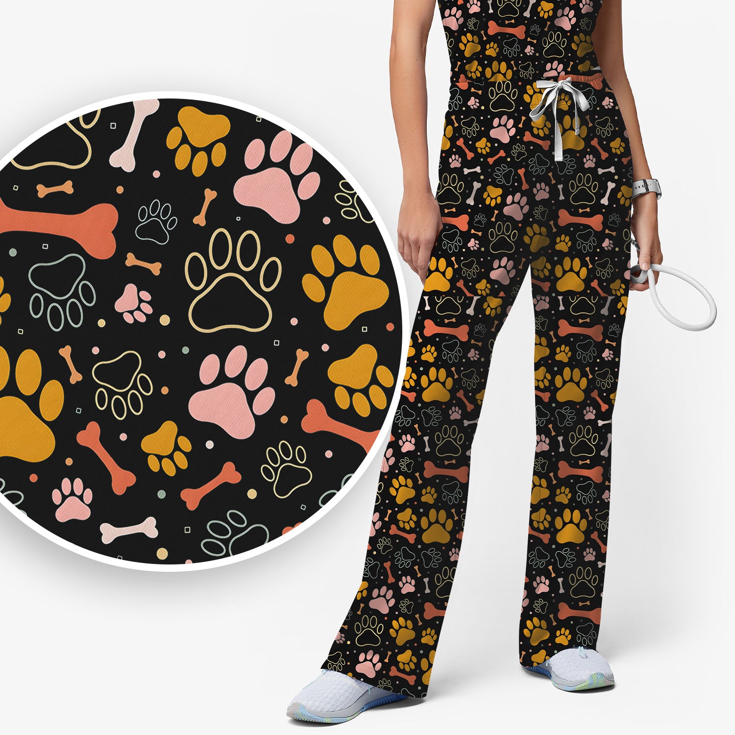 Cute Paw Print Dog Pattern Scrub Set, Breathable Med Uniform