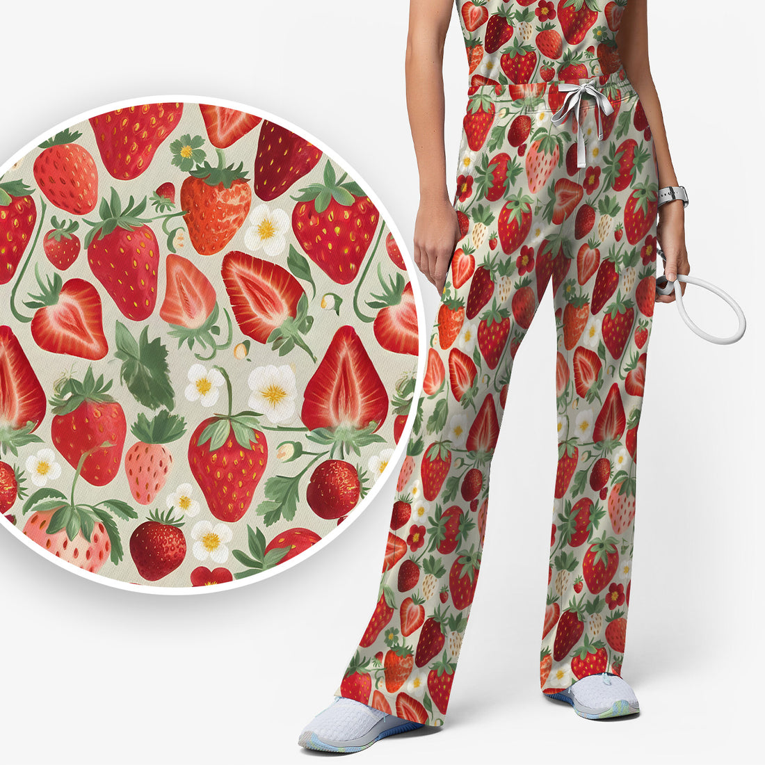 Fresh Strawberry Patter Leaves Scrub Sets, Scrub Pants and V Neck Top