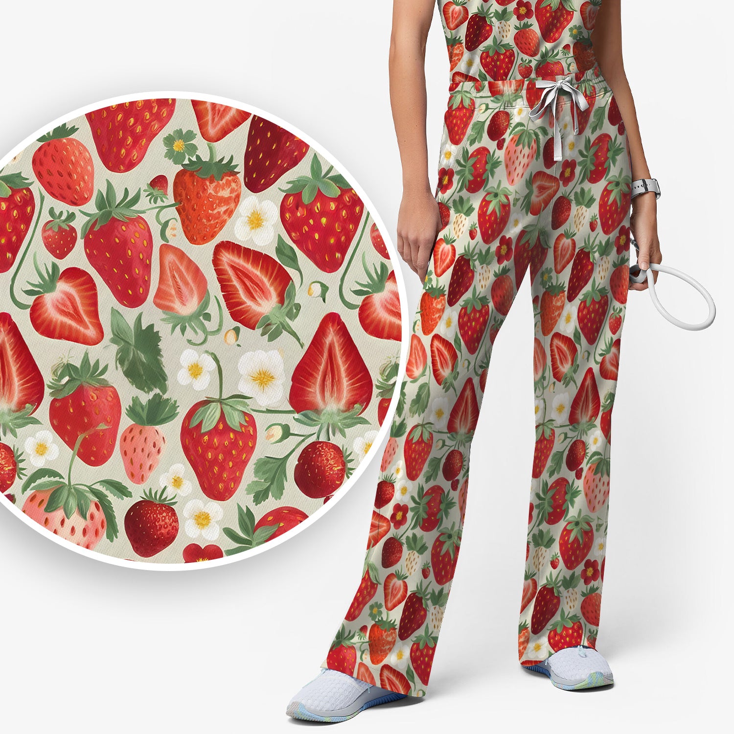 Fresh Strawberry Patter Leaves Scrub Sets, Scrub Pants and V Neck Top