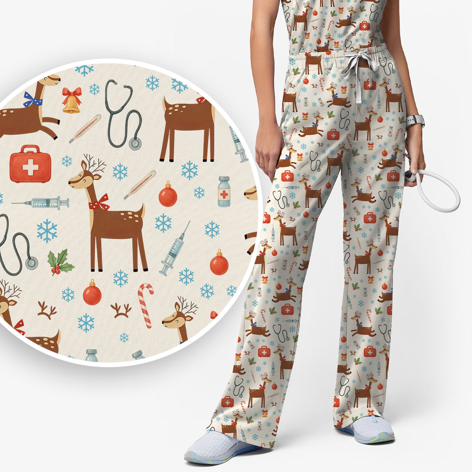 Reindeer Christmas Scrub Set - Snowflakes Candy Canes Holiday Scrubs Pants and V Neck Top - Xmas Gift for Women RN CNA LPN