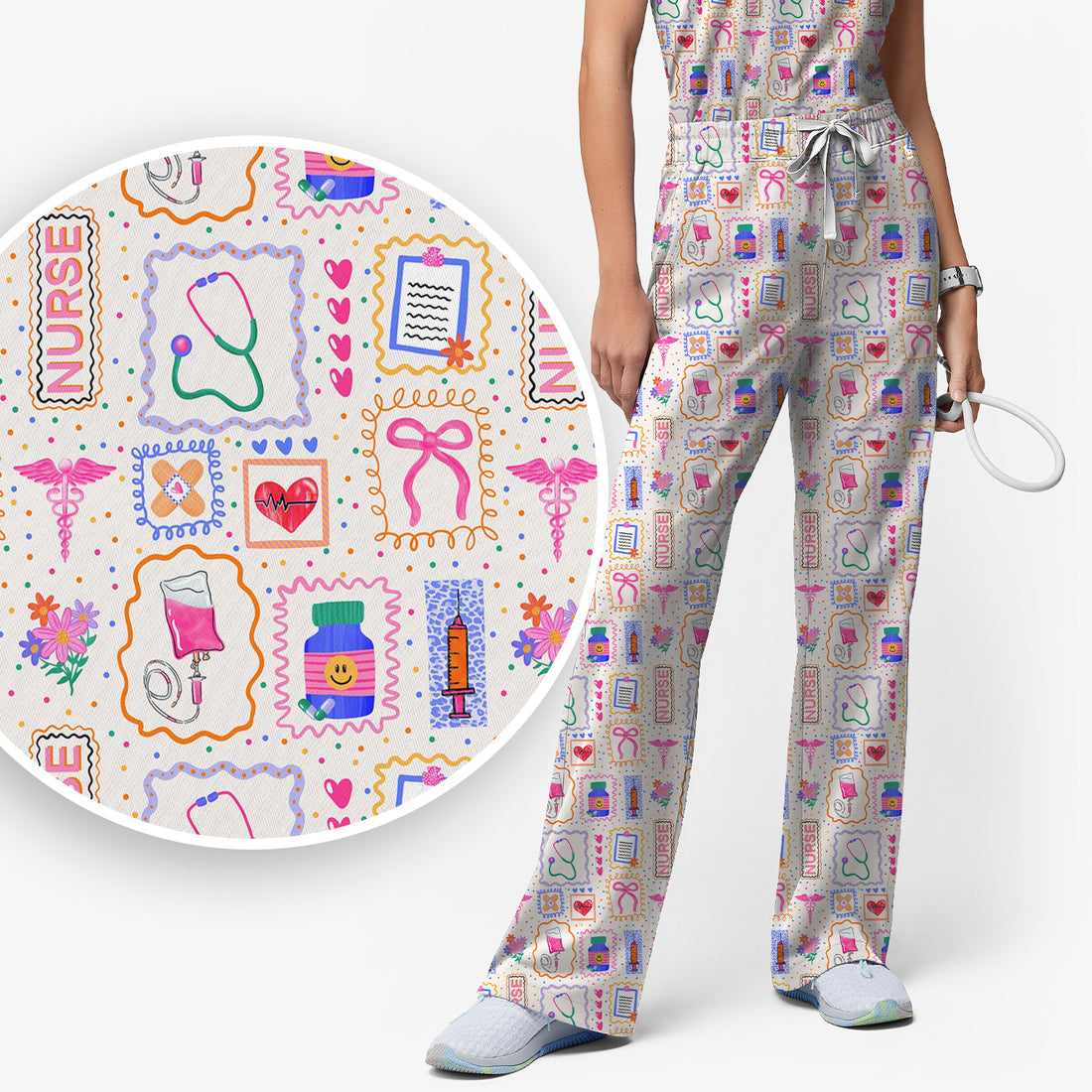 Colorful Nurse Medical Icon Pattern Scrub Set, Scrub Pants and V Neck Top