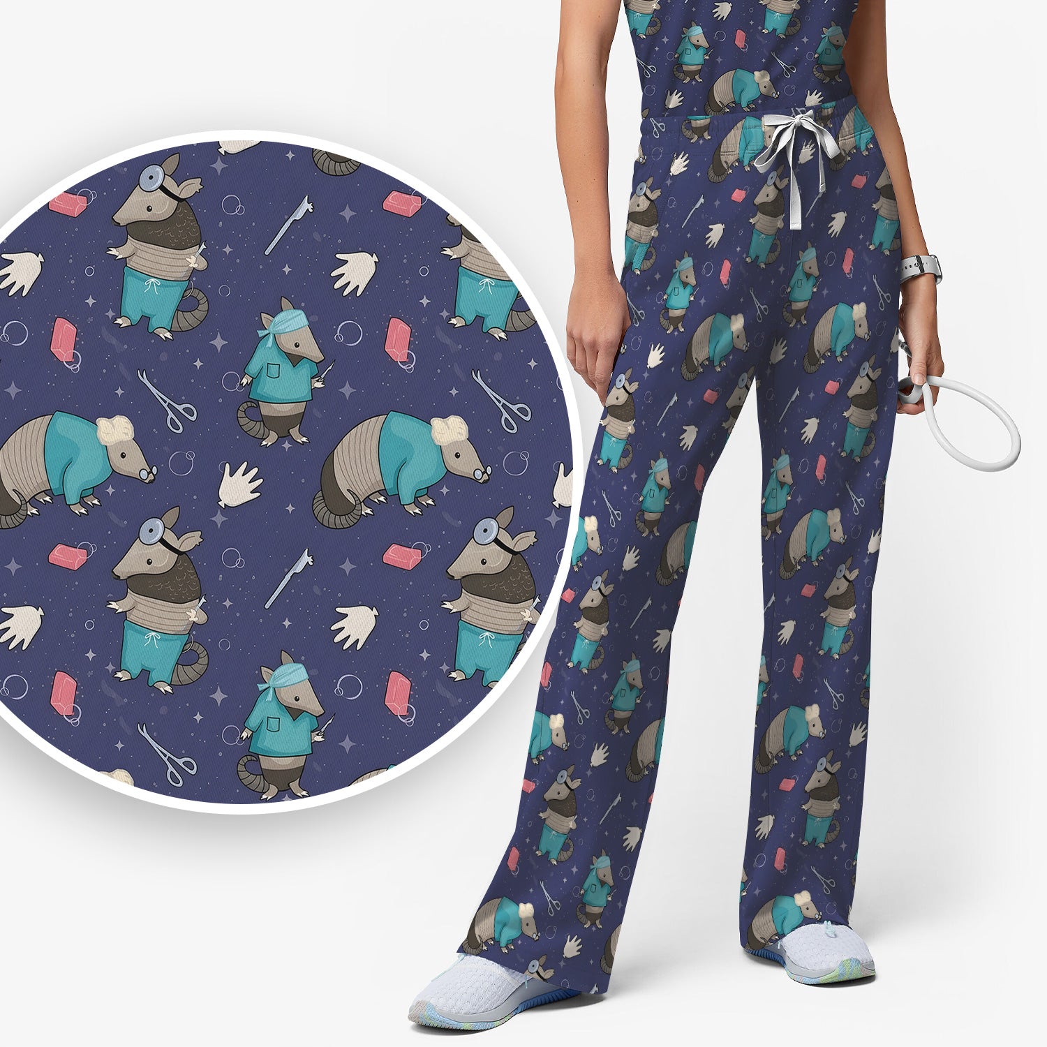 Armadillo Doctor Medical Tools Pattern Scrub Set, Scrub Pants and V Neck Top