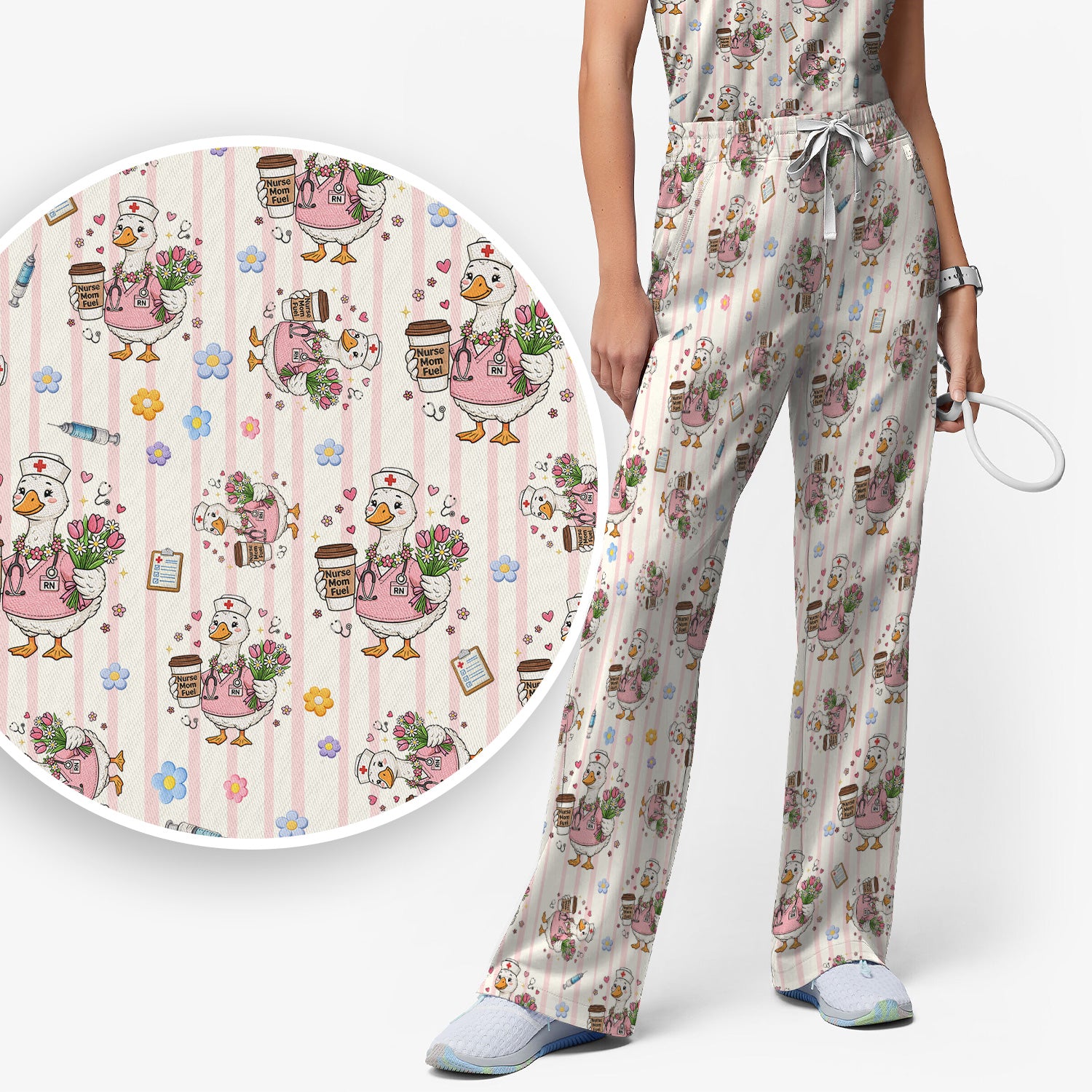 Cartoon Nurse Goose Pattern Scrub Set, Scrub Pants and V Neck Top