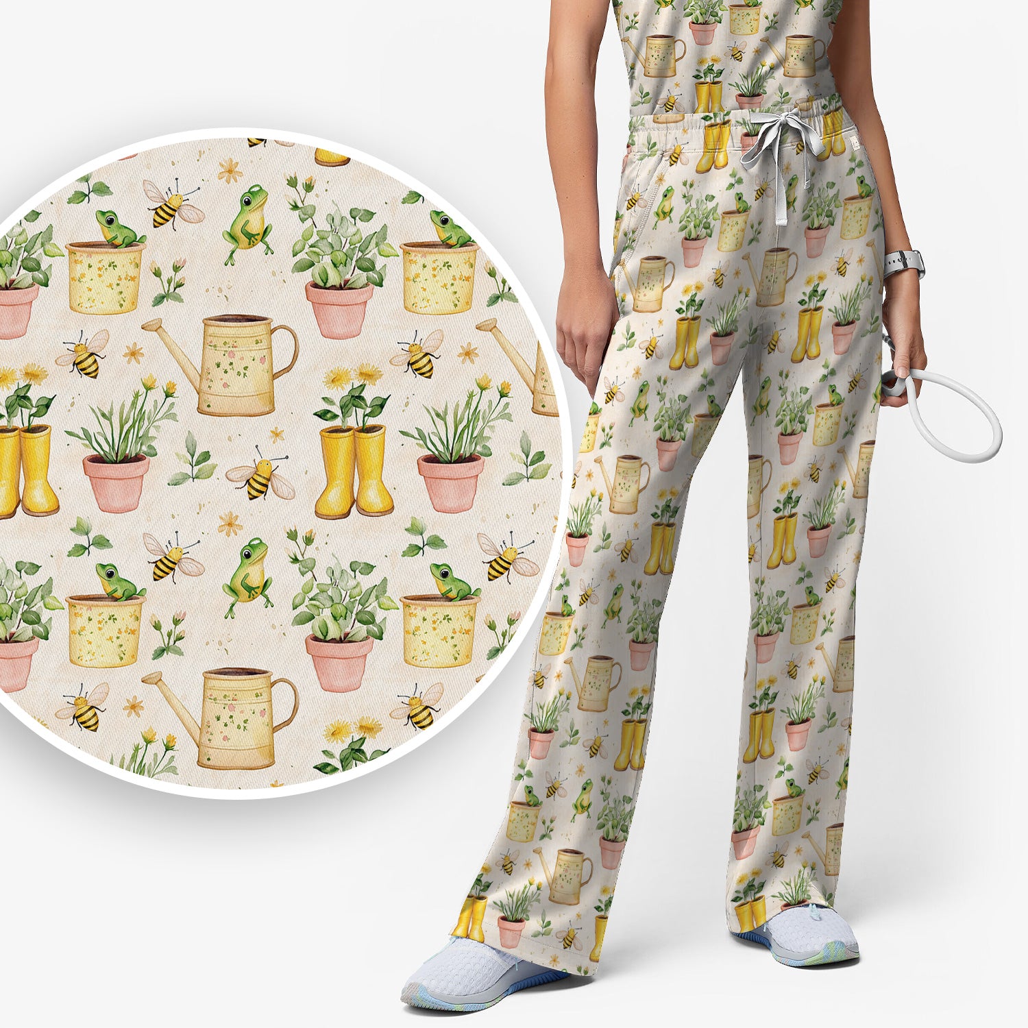 Cute Nurse Frog And Bee Garden Pattern Scrub Set, Scrub Pants and V Neck Top