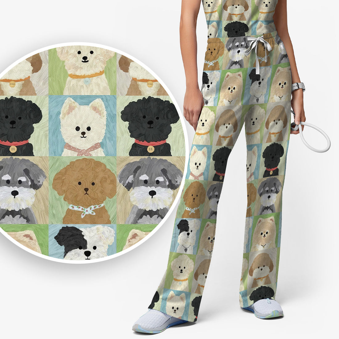 Adorable Different Dog Breeds Pattern Scrubs Sets, Scrub Pants and V Neck Top