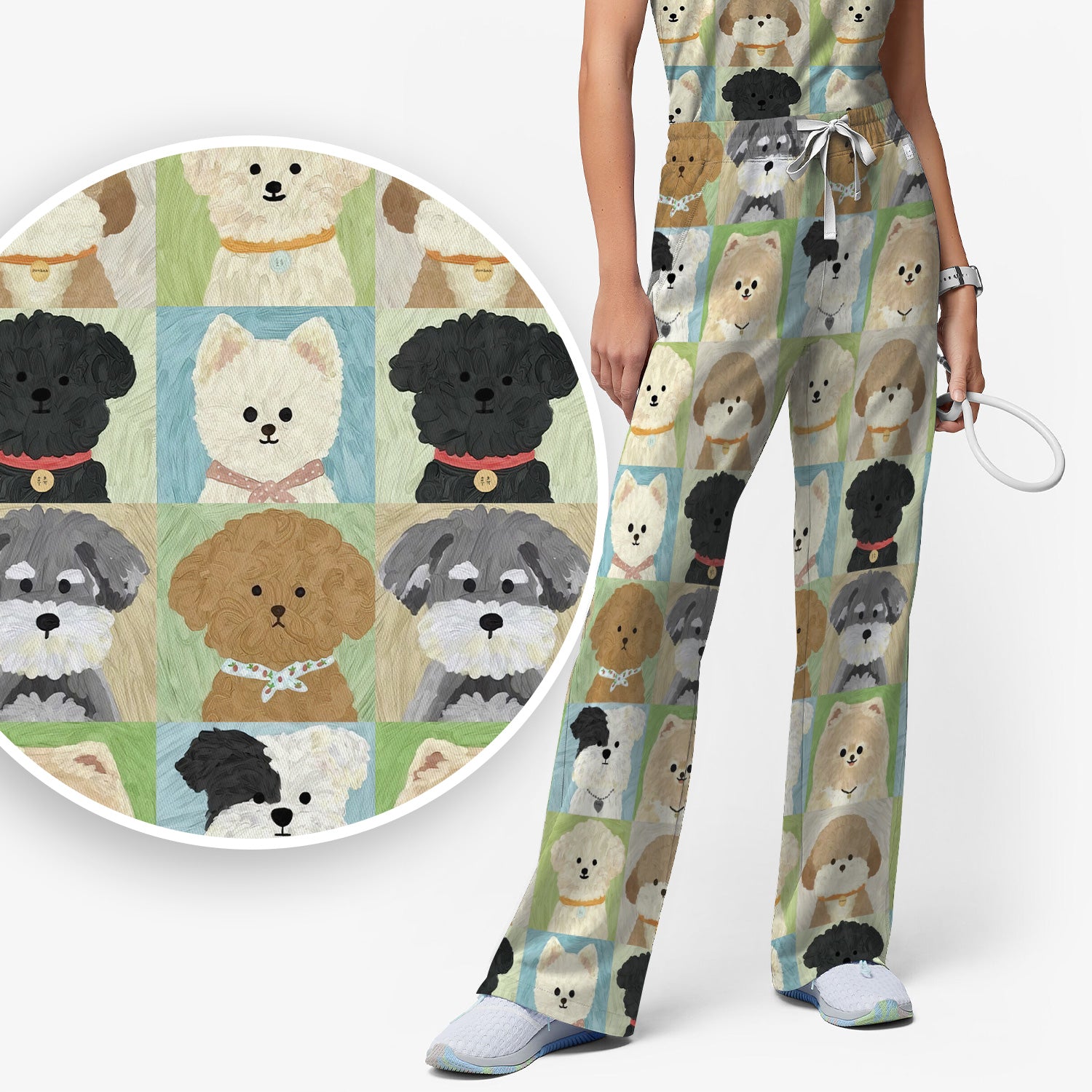 Adorable Different Dog Breeds Pattern Scrubs Sets, Scrub Pants and V Neck Top