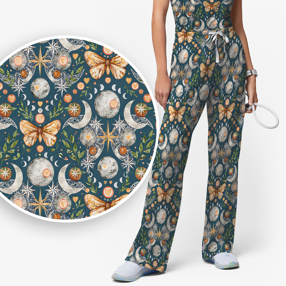 Celestial Butterfly Moonlight Pattern Scrub Set, Scrub Pants and V Neck Top