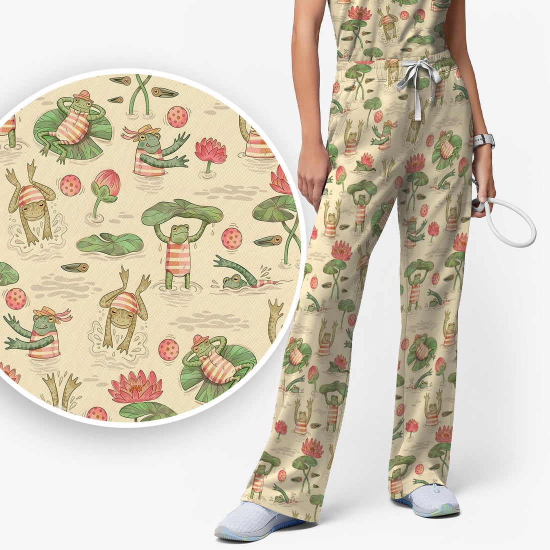 Cute Frogs Swimming Lily Pond Pattern Scrub Set, Scrub Pants and V Neck Top