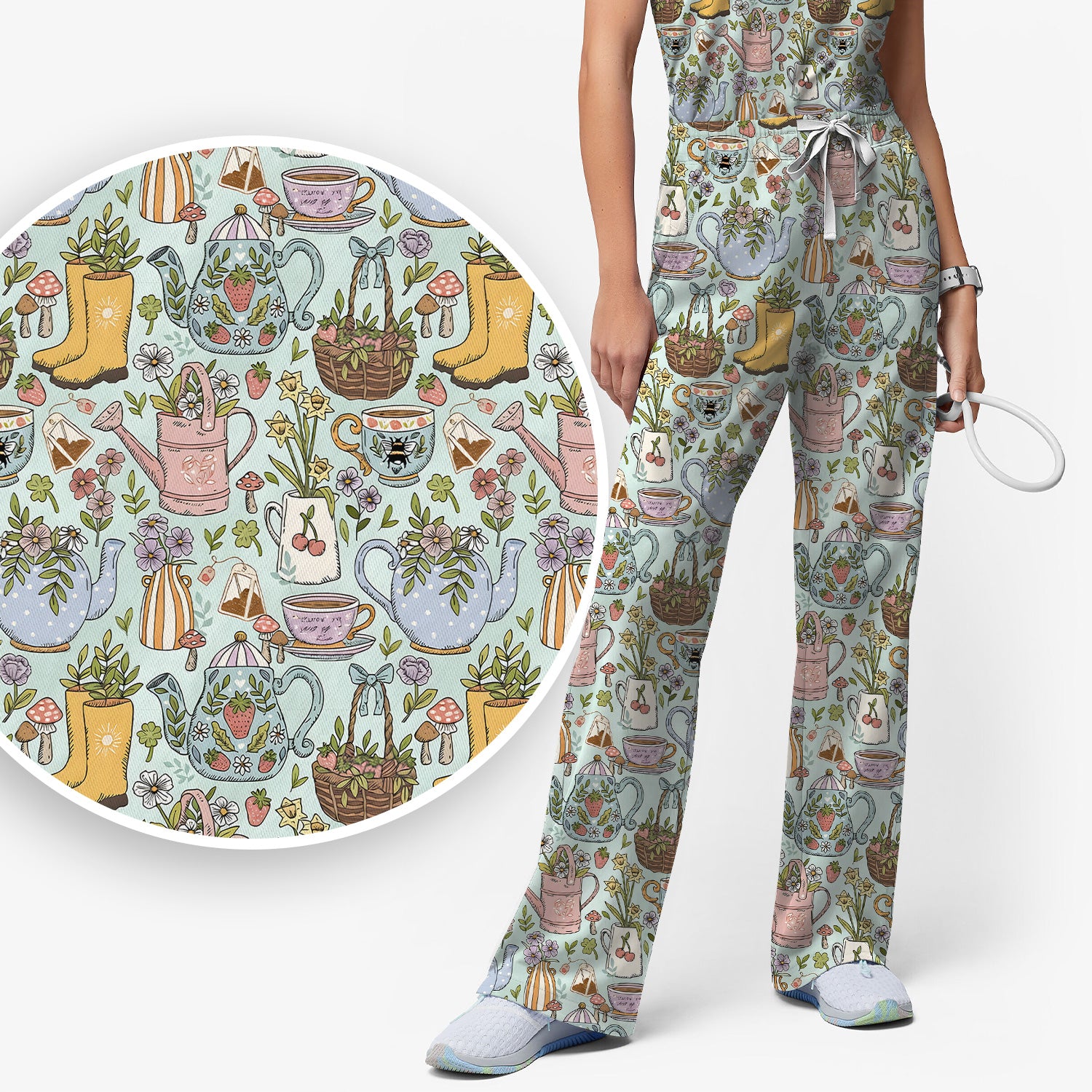 Garden Tea Party Floral Print Scrub Set, Scrub Pants and V Neck Top