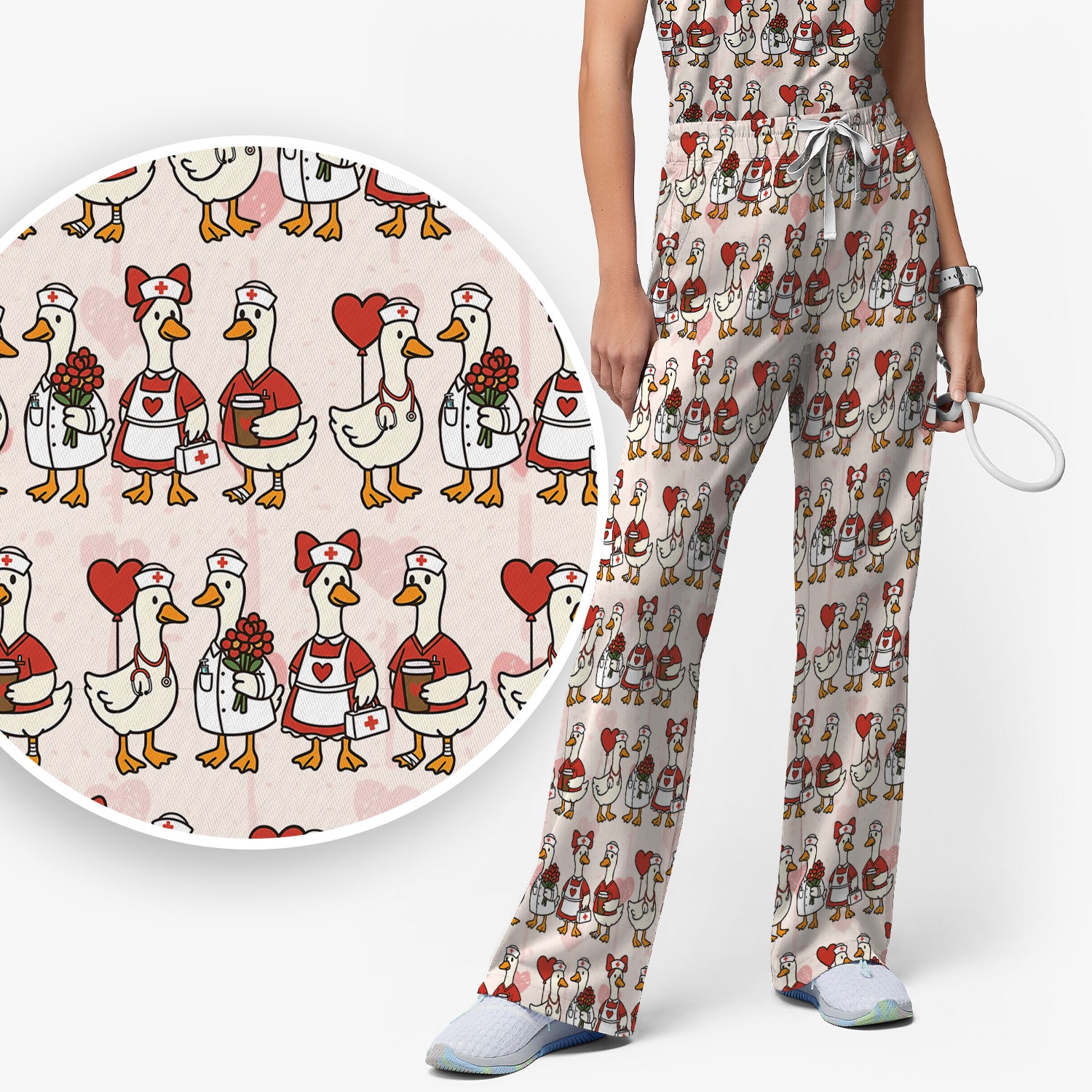 Valentine Nurse Goose with Heart Pattern Scrub Set, Scrub Pants and V Neck Top