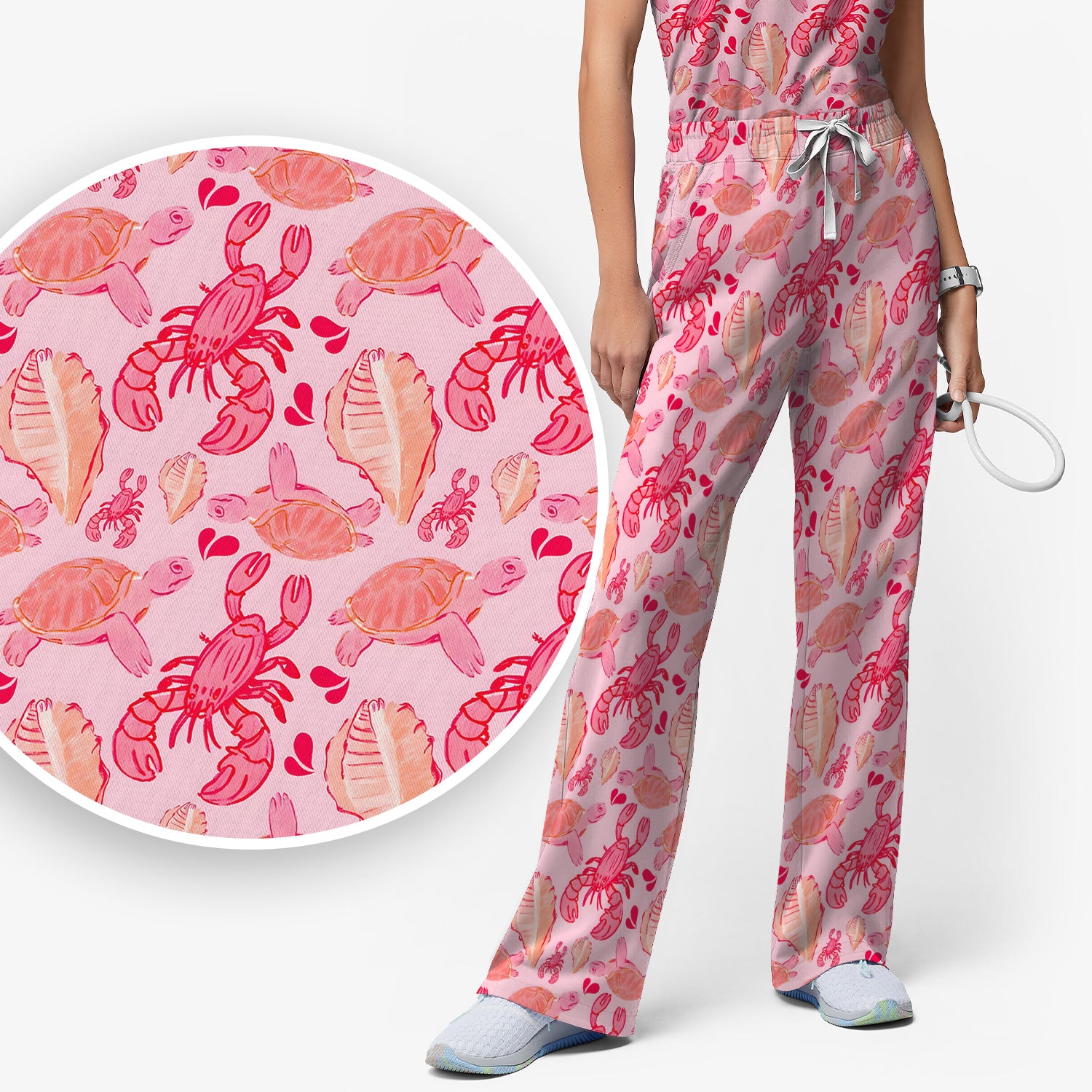 Pink Sea Turtle Lobster Shell Pattern Scrub Set, Scrub Pants and V Neck Top