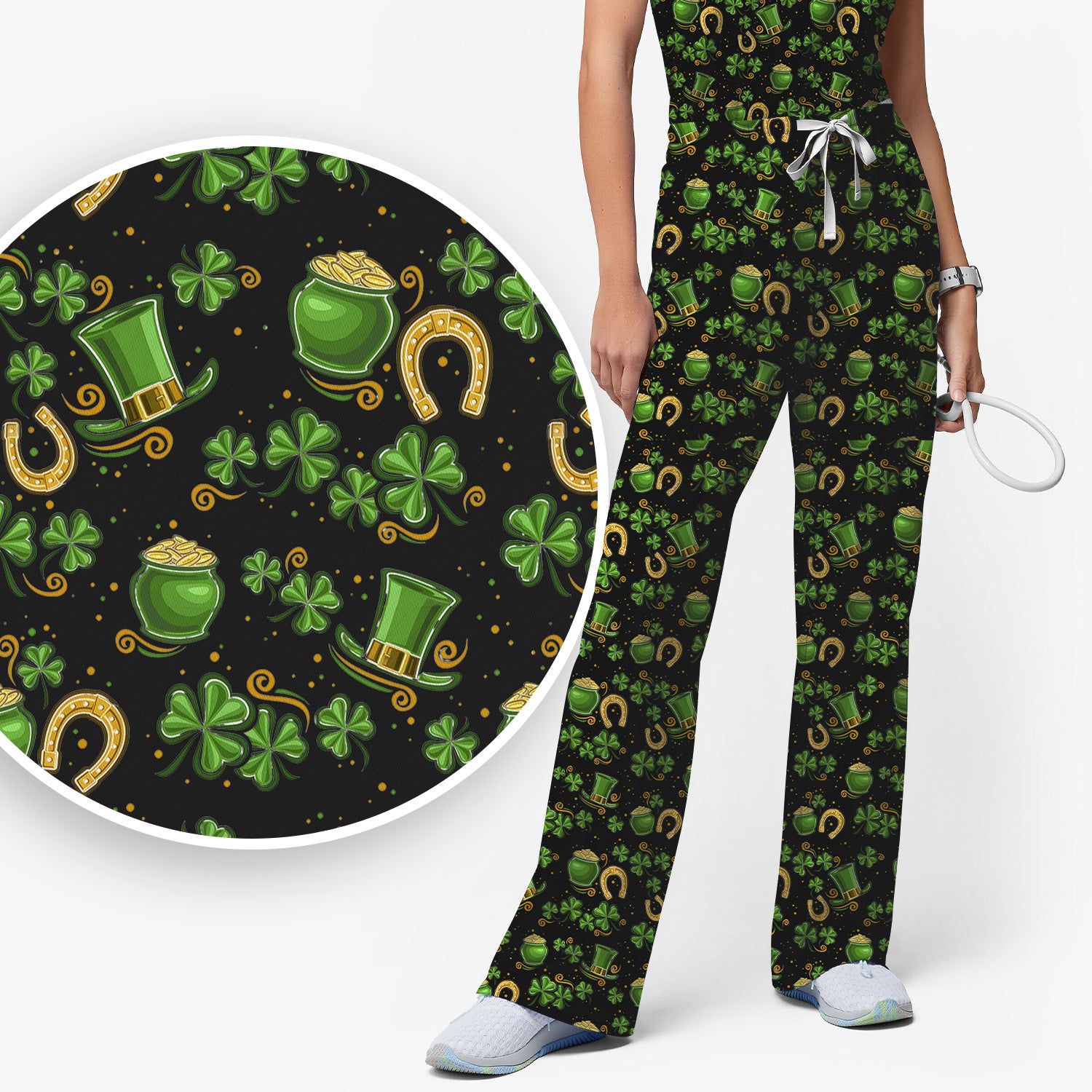 St. Patrick Shamrock Print Scrub Set, Scrub Pants and V Neck Top
