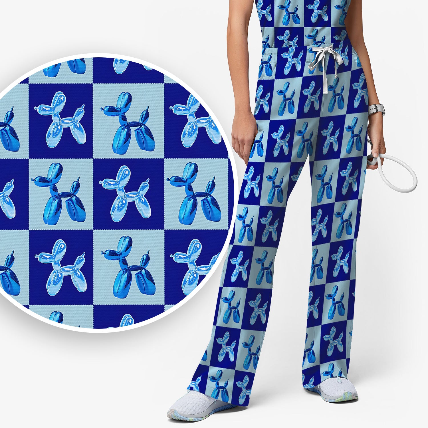 Cute Blue Balloon Dog Checkered Pattern Scrub Set, Women's Scrub Sets
