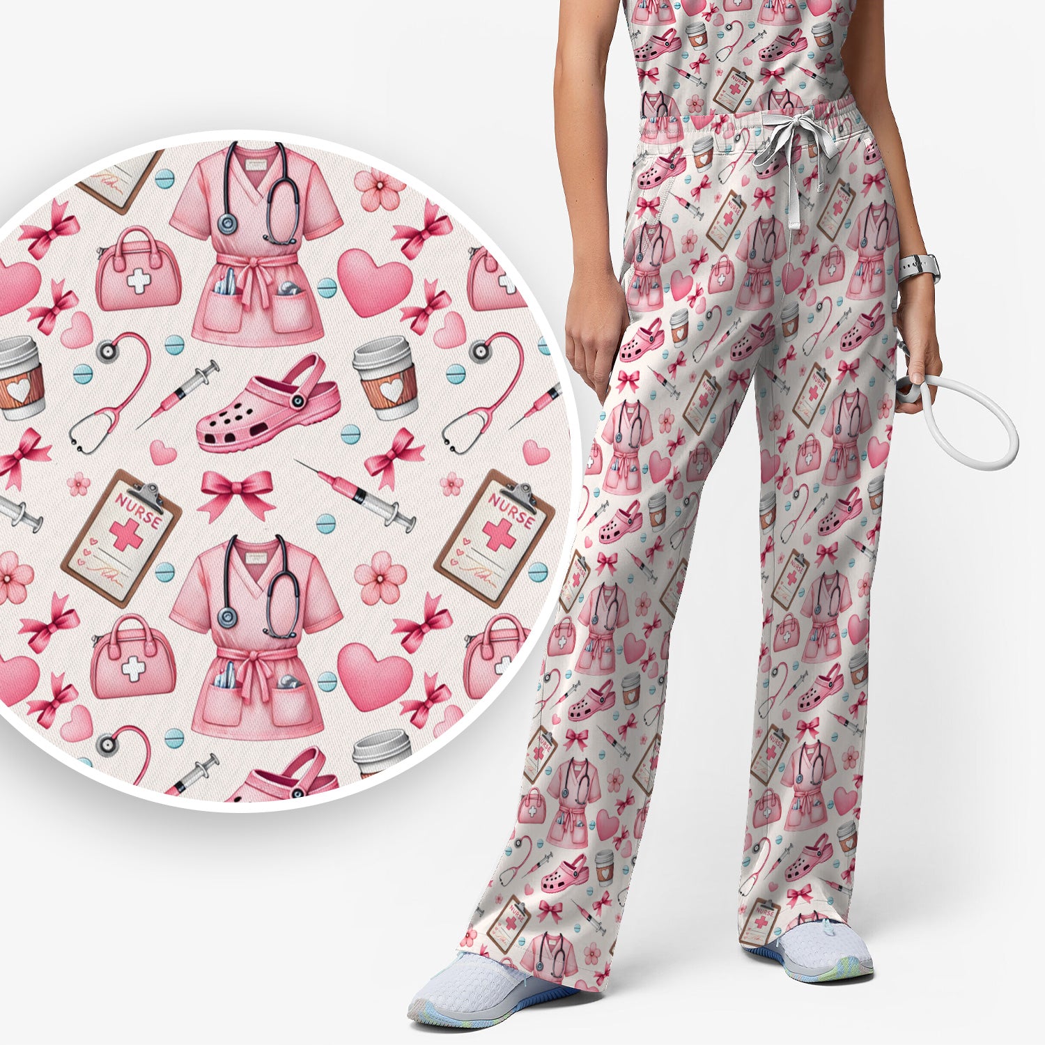 Valentine Pink Nurse Icons Print Women's Scrub Set, Breathable Med Uniform