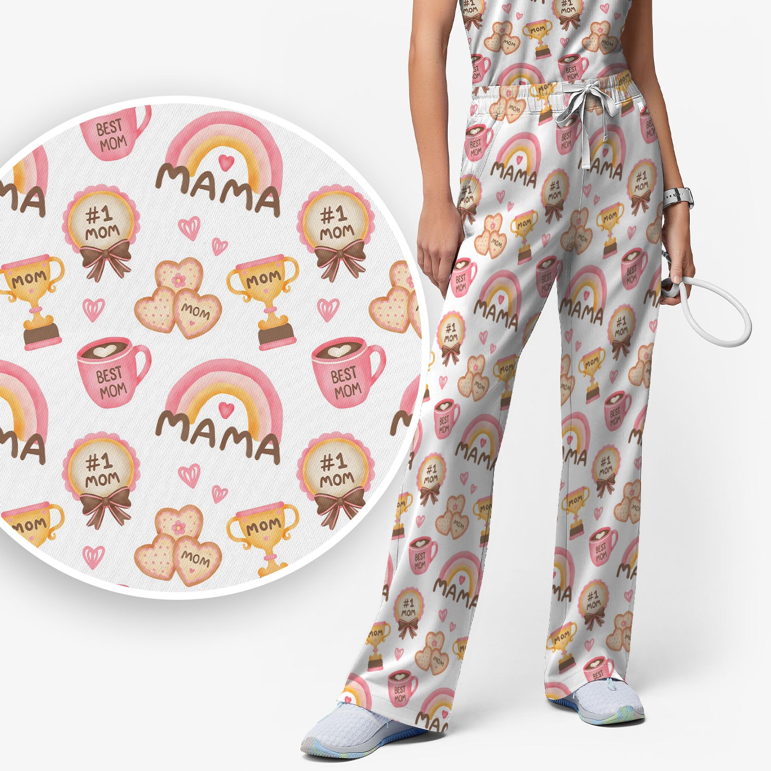 Sweet Nurse Mama Rainbow Trophy Heart Pattern Scrub Set, Scrub Pants and V Neck Top