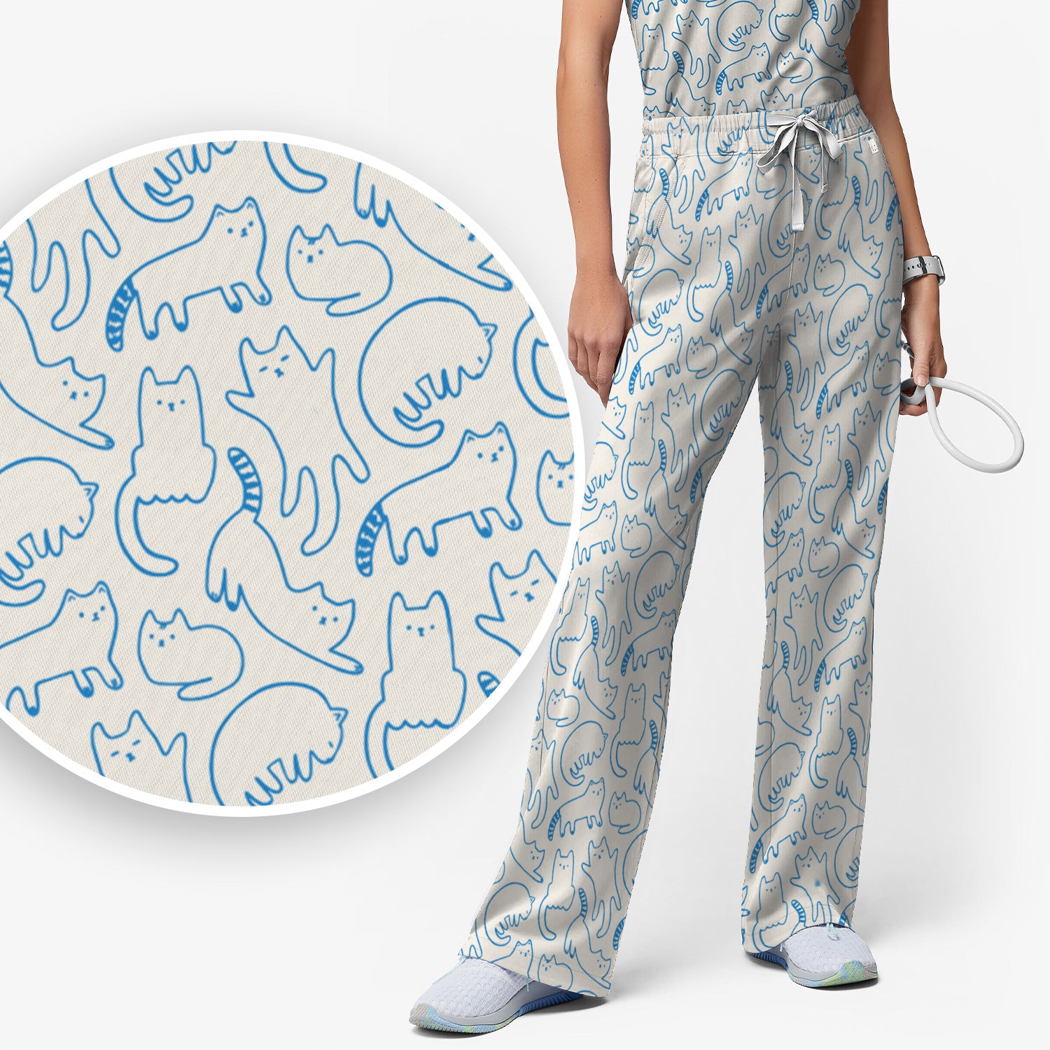 Artistic Cat Pattern Medical Scrub Set, Breathable Fabrics Nursing Uniform