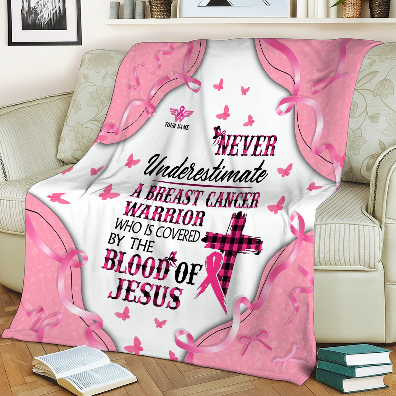 Personalized Breast Cancer Warrior Blanket - Christian Faith Quote & Pink Ribbon Design - Gift for RN LPN CNA